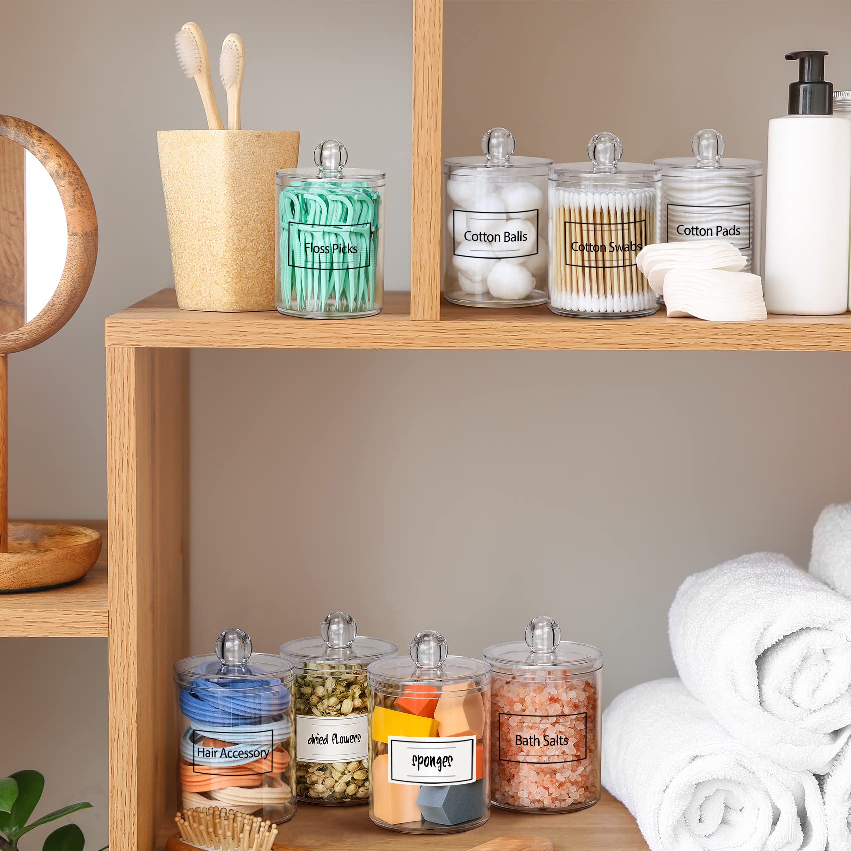 Aozita 8 Pack Acrylic Qtip Holder Dispenser With Lids & Labels, Cotton Ball, Cotton Swab, Cotton Round Pads, Floss Storage Canis