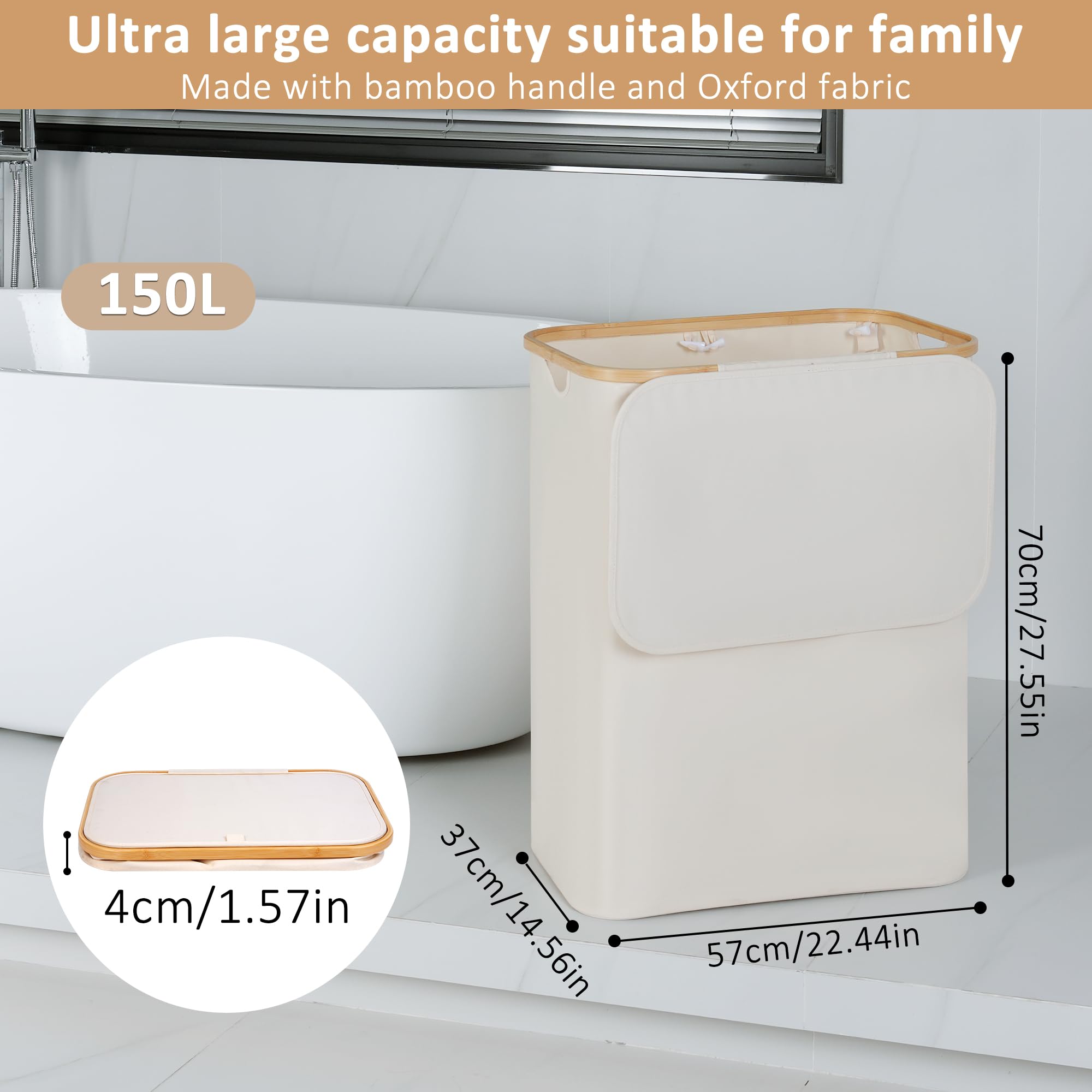 iEGrow 150L Laundry Basket with Lid  Large Laundry Hamper with Bamboo Handle  Collapsible Dirty Clothes Hamper Organizer with Removable Inner Bag for Clothes Toys Towels - Beige