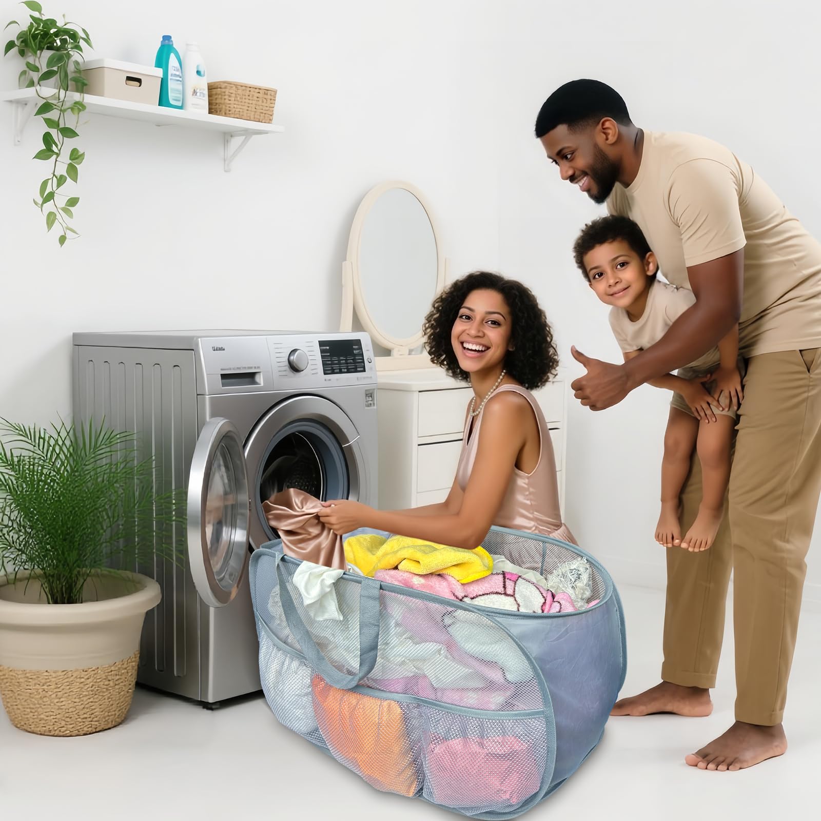 Collapsible Laundry Baskets 2 Pack, Mesh Pop Up Hamper With Handles, Portable Stair Basket, Dorm Or Room Folding Bin, Dirty Clot