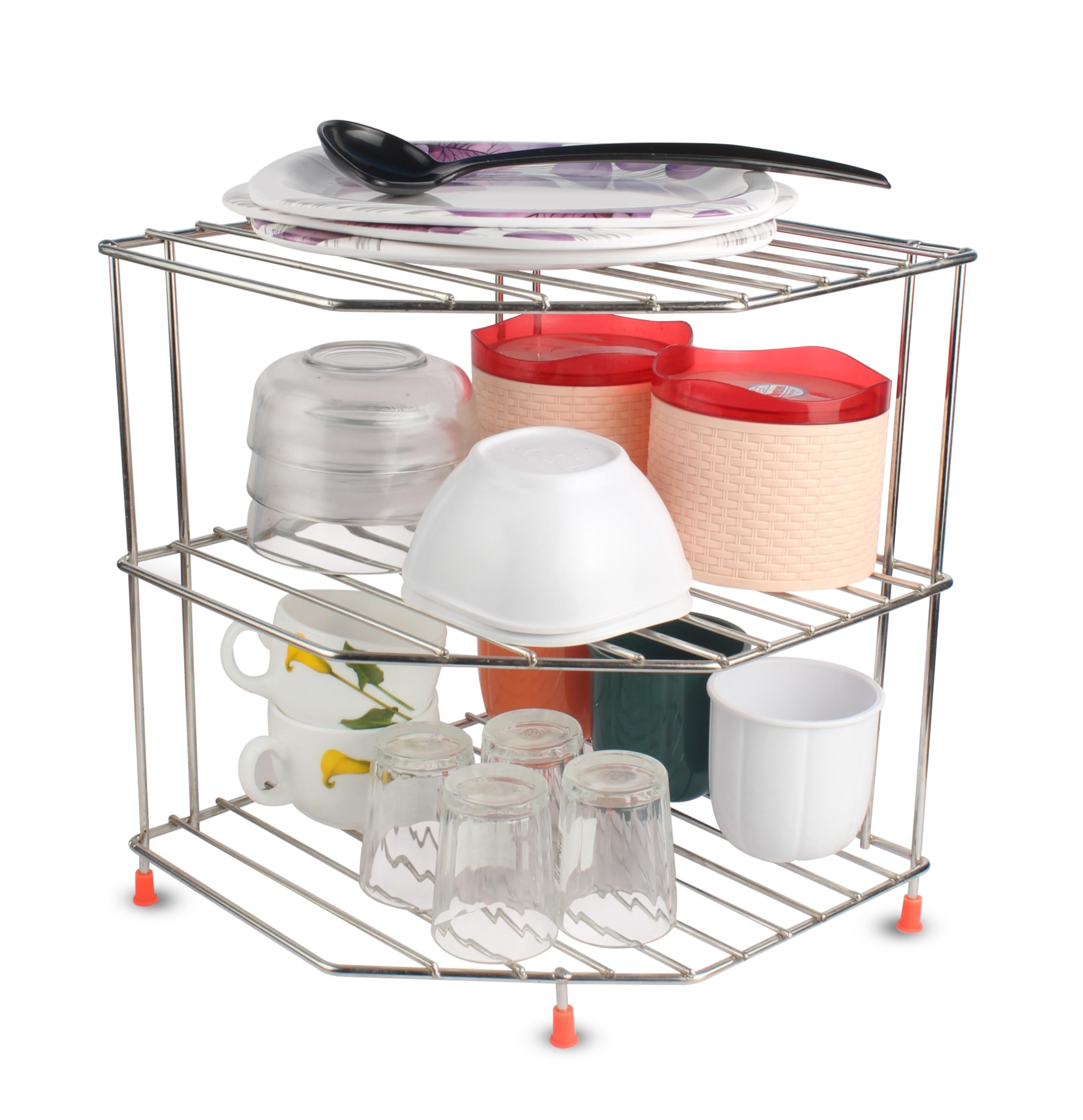 Zepdos Steel 3-Tier Countertop Storage Rack For Corners, Shelf And Organizer, Spice Container, Utensils, Dish Rack For Kitchen, 