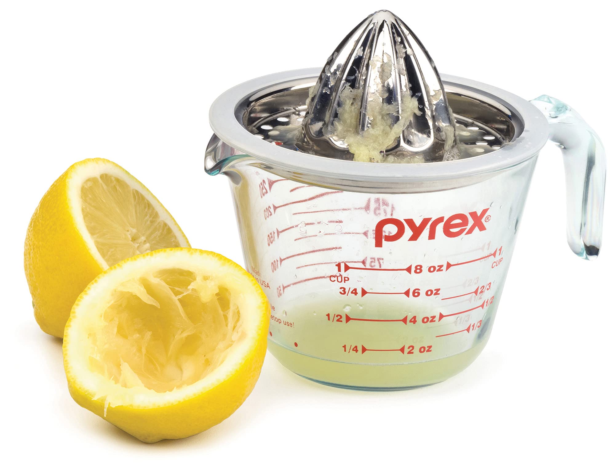 RSVP International Endurance (JUC-PYX) Manual Hand Citrus Juicer Squeezer  Stainless Steel  4.75 Inch Dia.  Use w/ Pyrex Cups  Bowls  For Oranges  Grapefruits  Lemons  Dishwasher Safe Silver