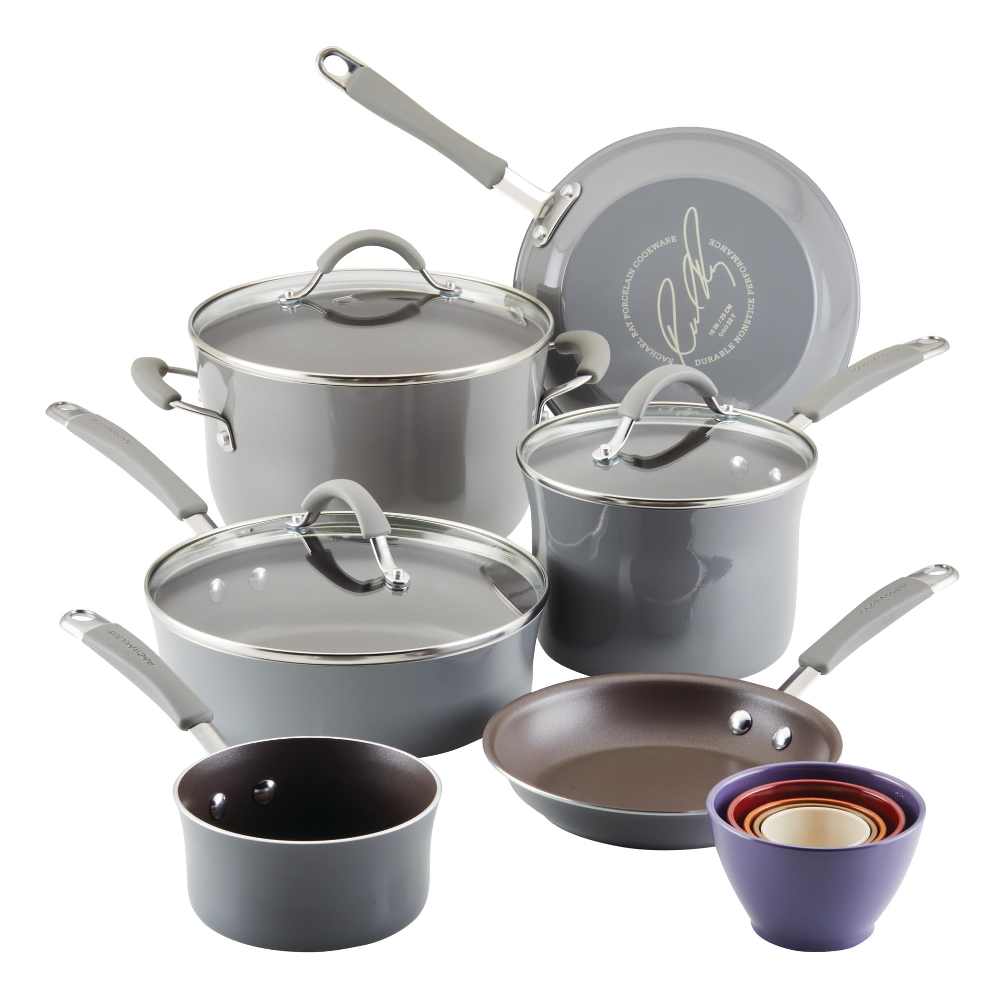 Rachael Ray Cucina Nonstick Cookware Pots and Pans Set, 14Piece, Sea Salt Gray