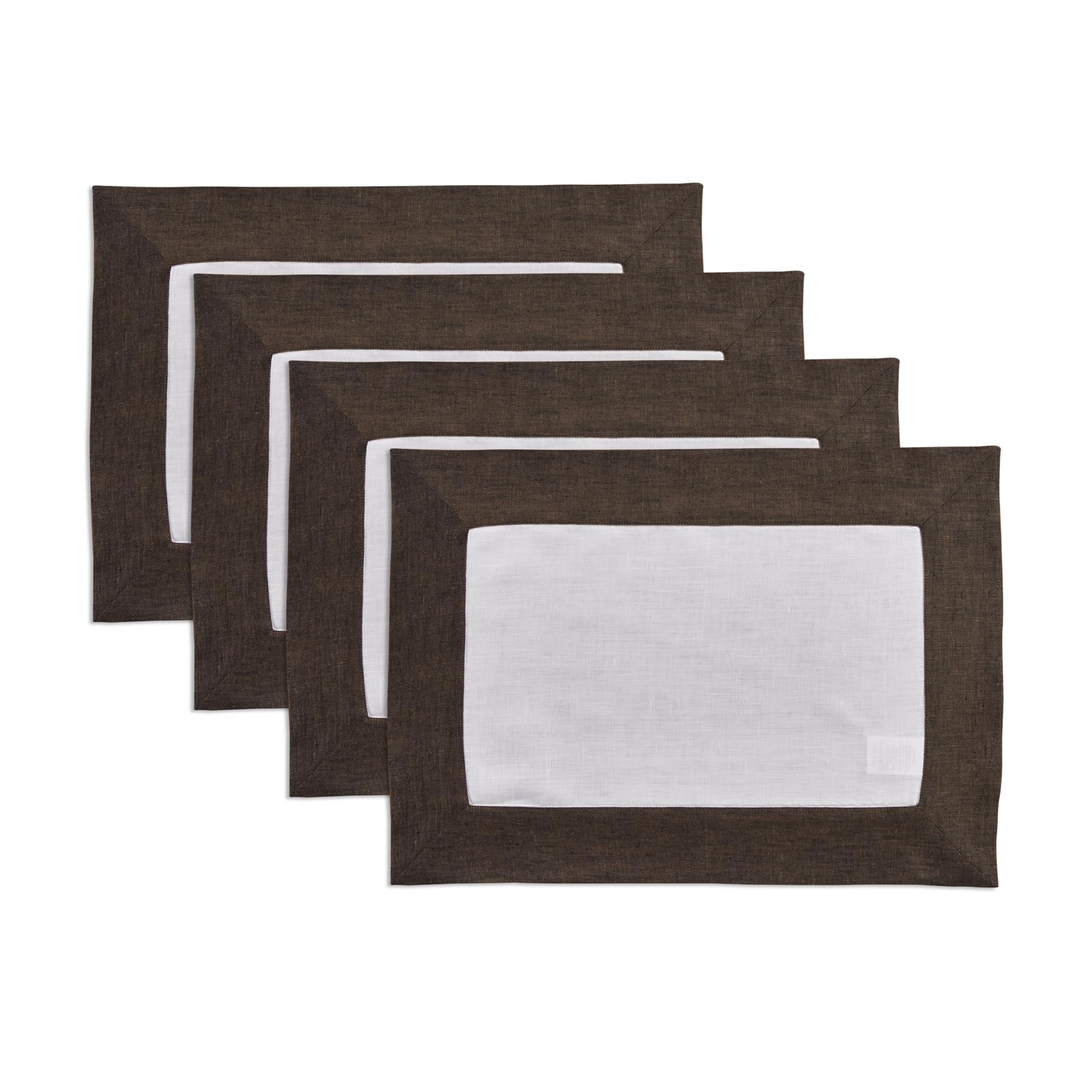 Solino Home Linen Placemats Set Of 4-100% Pure Linen Cloth Fabric Placemats Chambray Brown And White - 19'' L X 14'' W Inch Wash