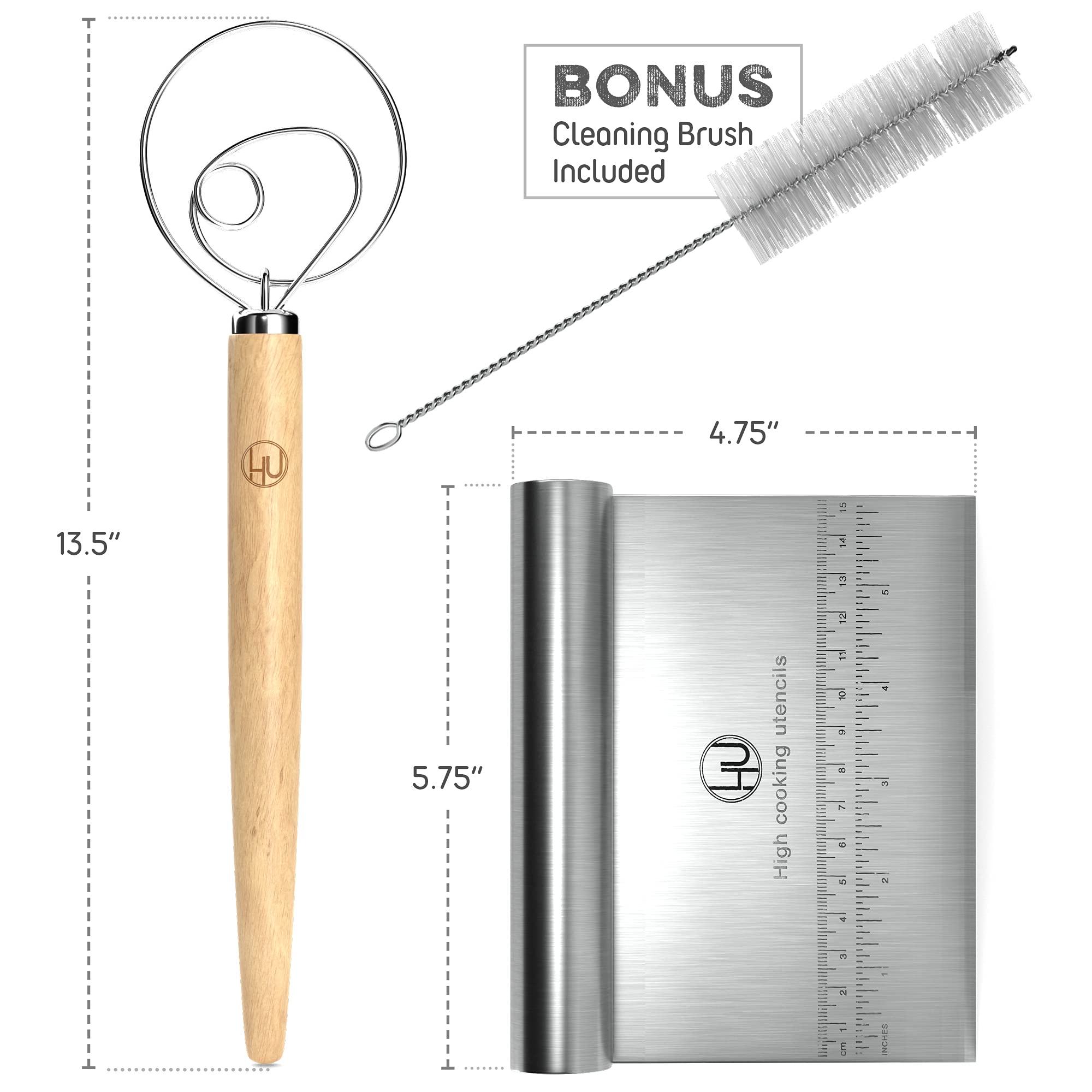 Bread Making Tools And Supplies - Set Of 2 - Danish Dough Whisk And Bench Scraper - Dough Hook With Bread Scraper - Easy To Clea