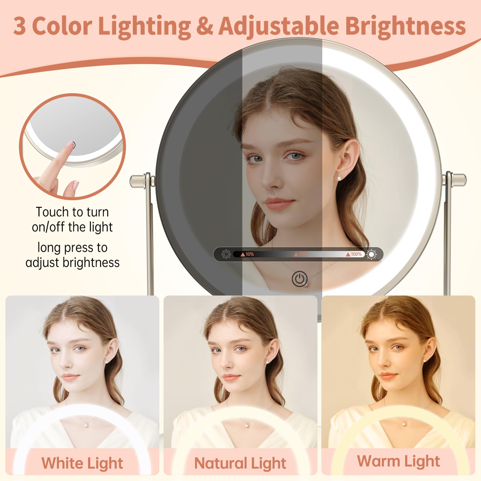 Fascinate 10X Lighted Makeup Mirror With Storage, Rechargeable Magnifying Mirror With Lights 8'', Brightness Adjustable, Double