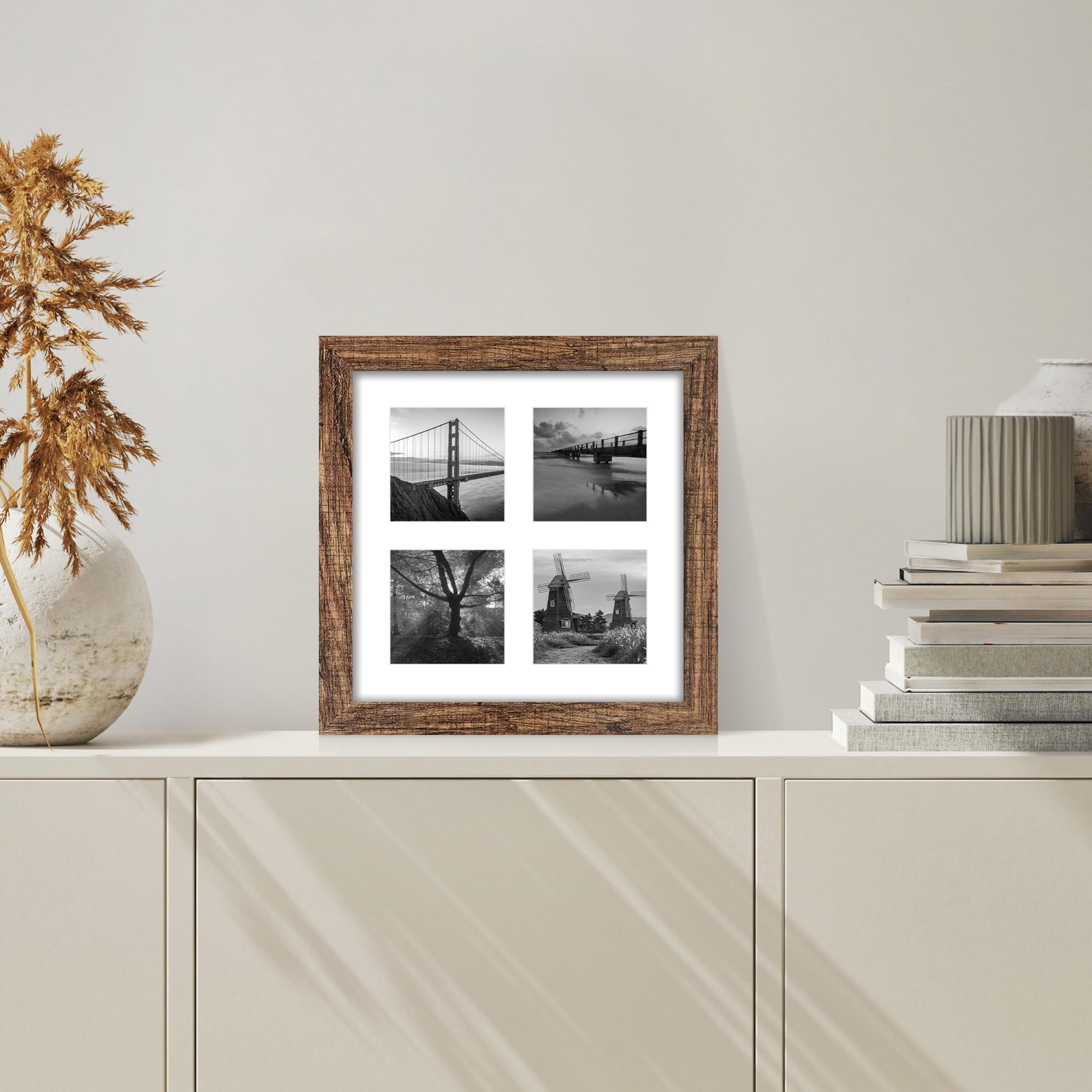 Hongkee 10x10 Picture Frame Set of 2, Real Glass and Rustic Brown Collage Frame, Display Pictures Four Opening 4x4 With Mat or 1