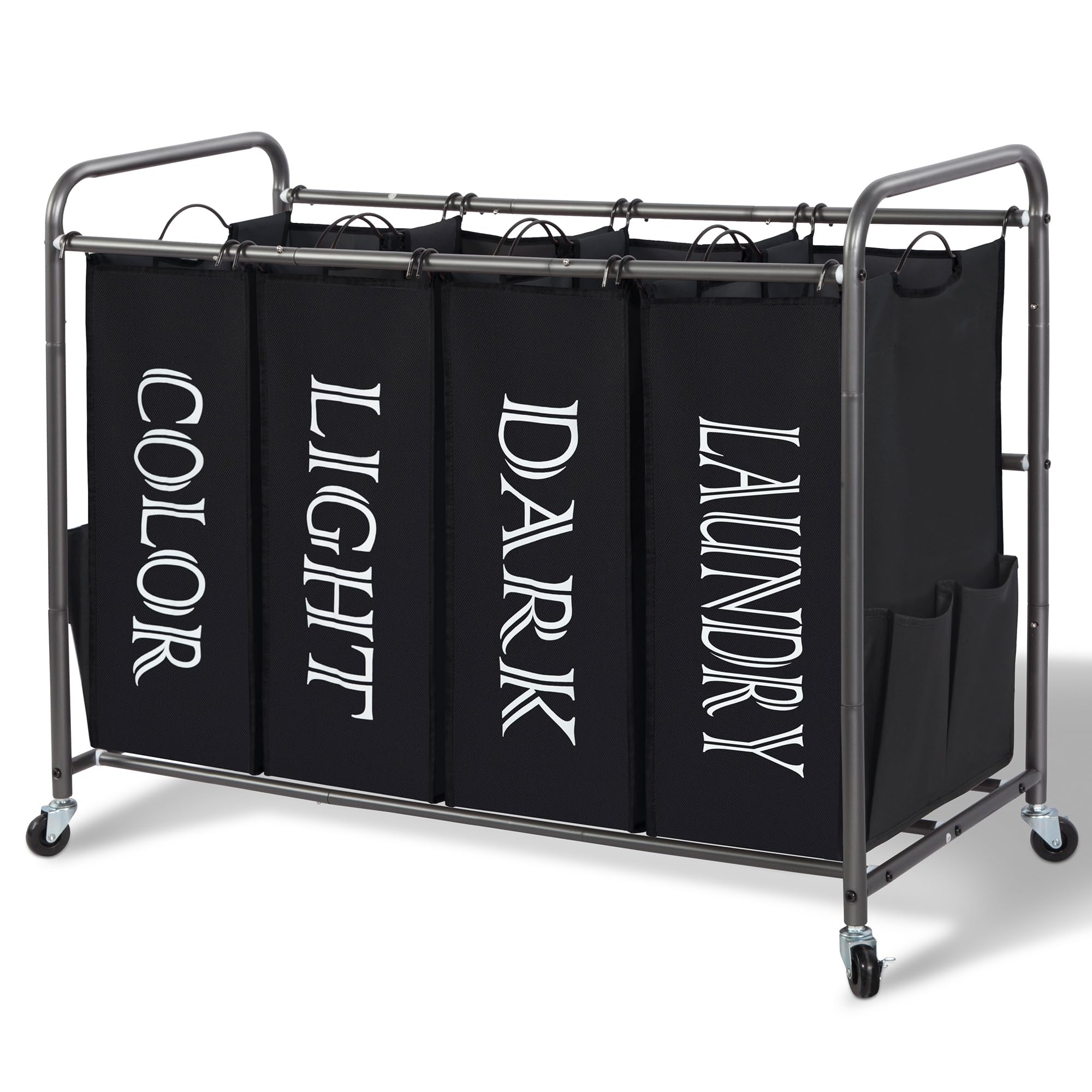 Storage Maniac Laundry Sorter, Divider With Side Pockets, Multi Separator Hamper Removable Bags And Rolling Lockable Wheels, Org