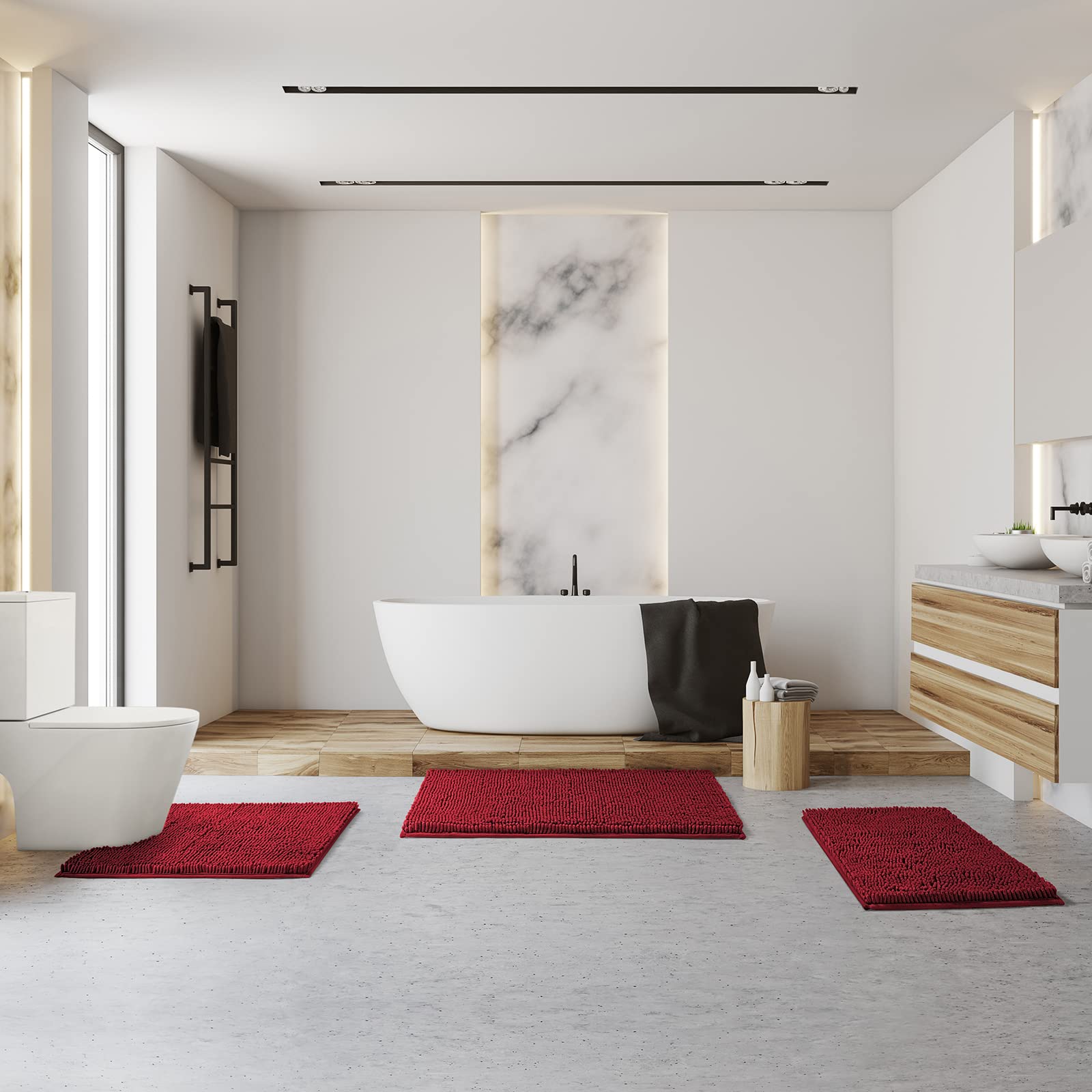 BYSURE Burgundy Bathroom Rugs Sets 3 Piece Non Slip Extra Absorbent Plush Chenille Soft Washable Bath Rugs and Mats Set