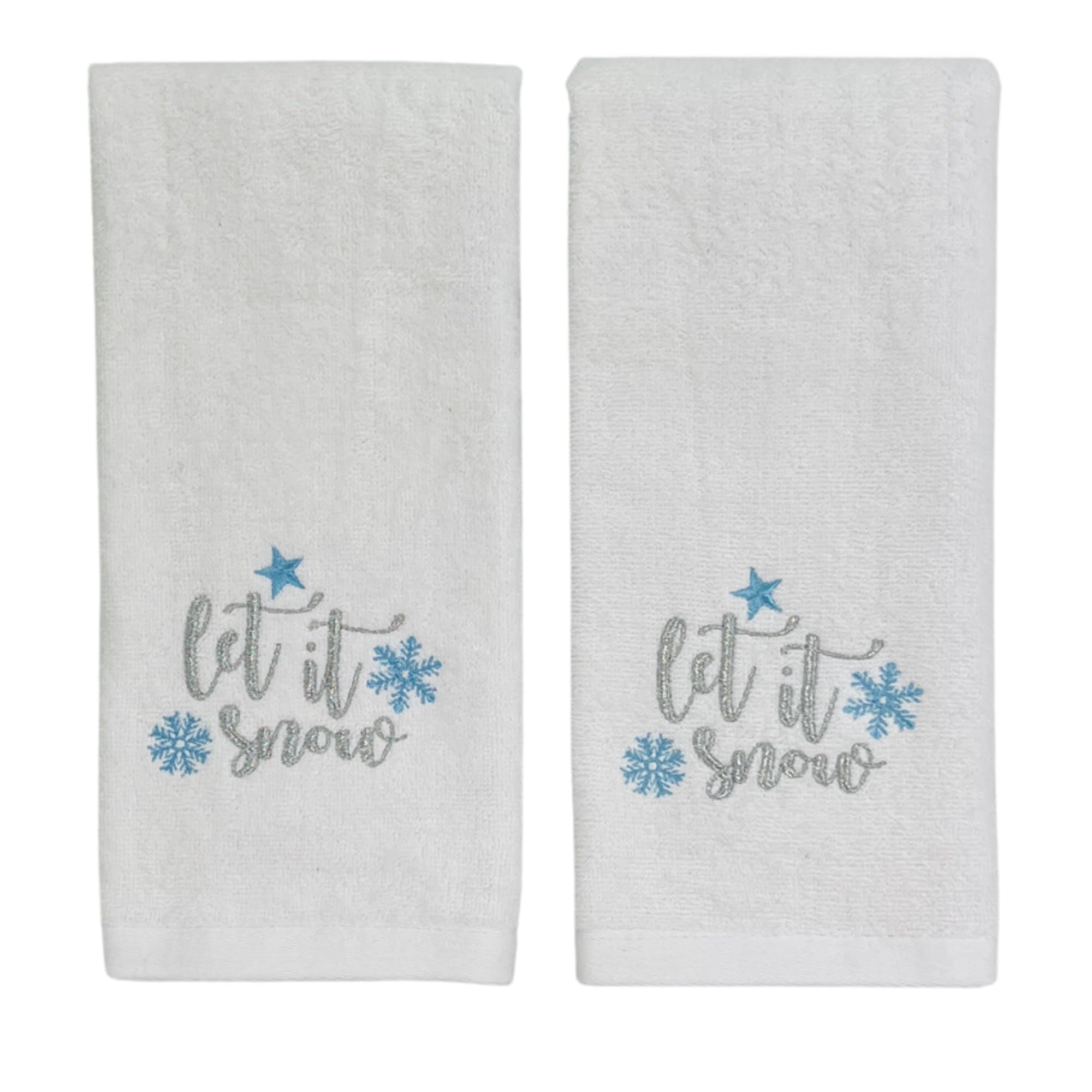Serafina Home Christmas Guest Hand Towels: Beige Plush Terry Cotton Embroidered Blue Snowflake On White