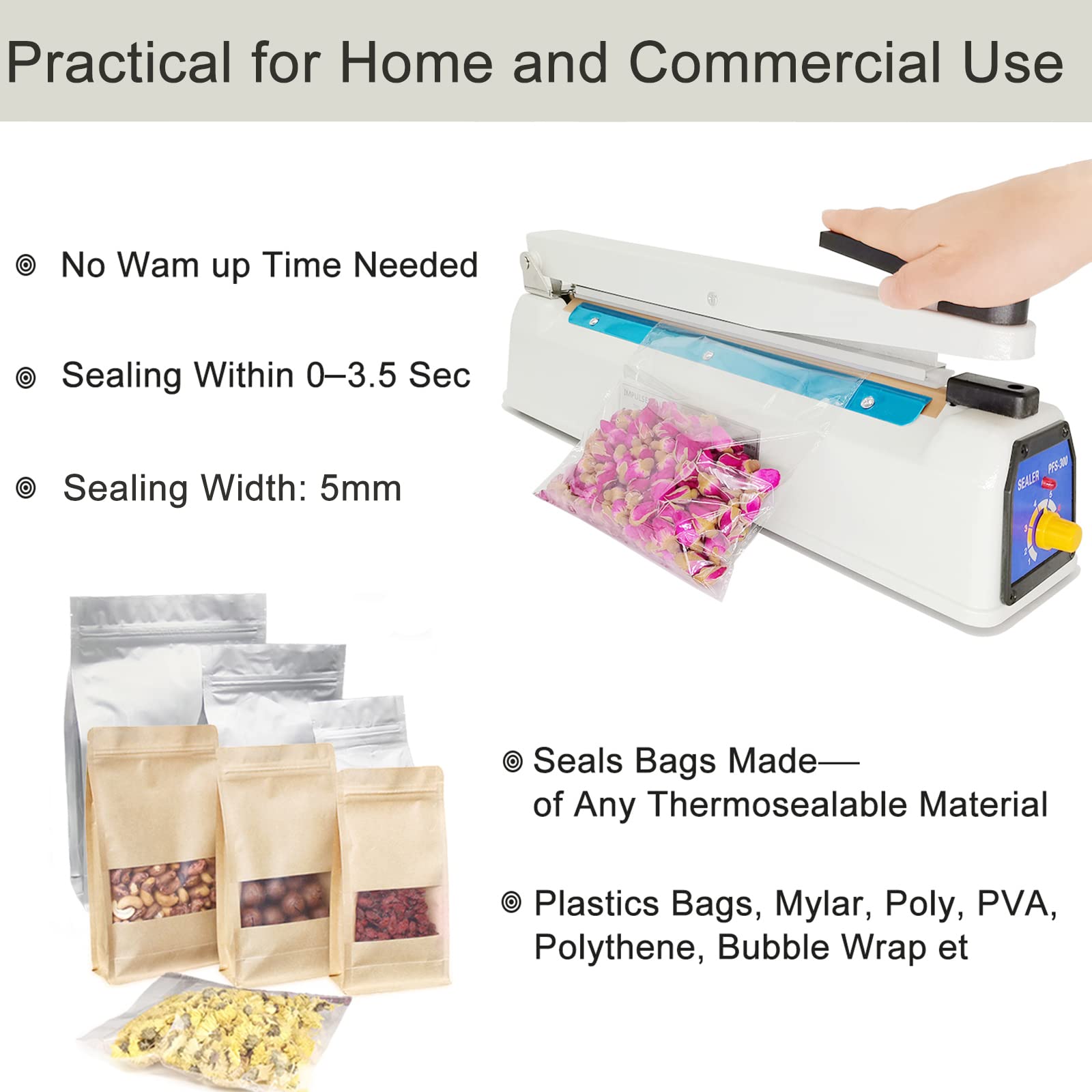 Impulse Heat Sealer 12 Inch 5mm Mylar Bag Sealer  Iron Shell Sealer  Plastic Bag Sealer Machine  with 4 Replacements Kit (2 Cutting Lines Included)