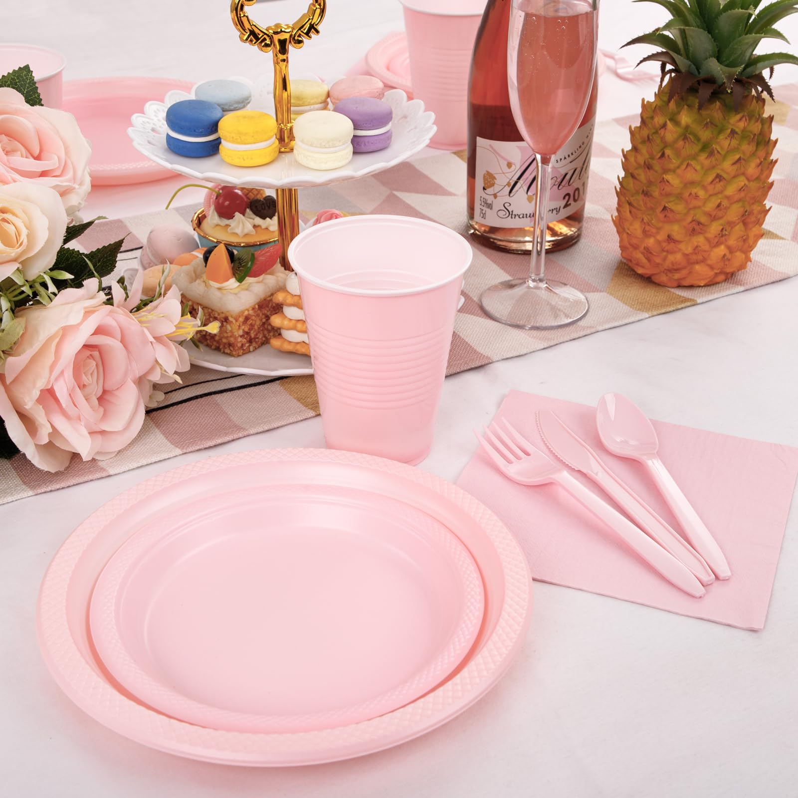 Mirthmood 350Pcs Pink Party Supplies Set,Valentines Day Plates Including Pink Plastic Plates, 12Oz Pink Cups, Pink Plastic Cutle