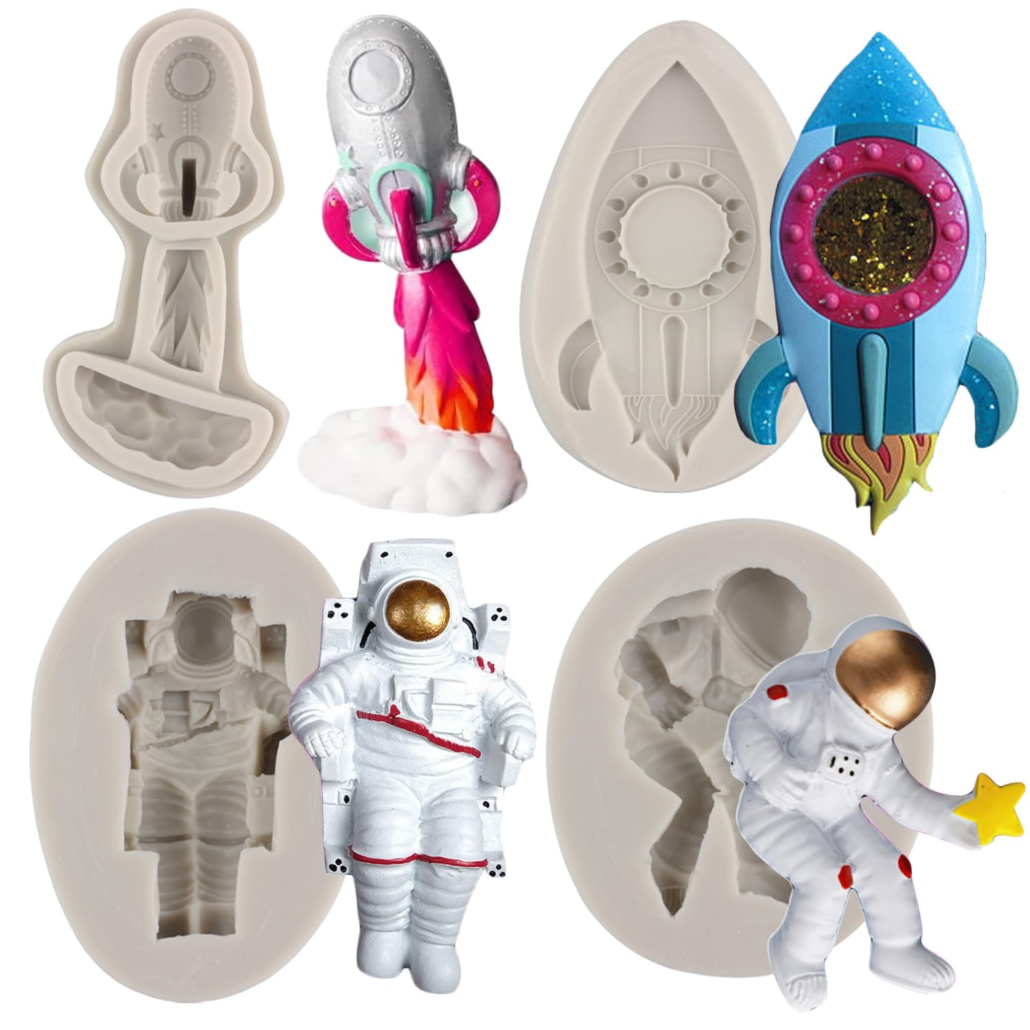 Sijiangmold Space Astronaut Fondant Mold Spaceship Rocket Silicone Molds For Baby Birthday Cake Decorating Chocolate Candy Cupca