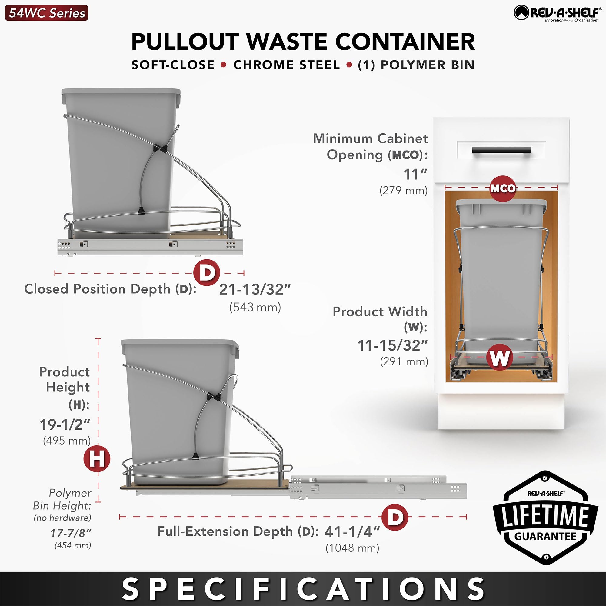 Rev-A-Shelf Steel Bottom Mount Single 35 Quart 8.75 Gallon Waste Bin Trash Container For Under Kitchen Cabinet With Soft Close,