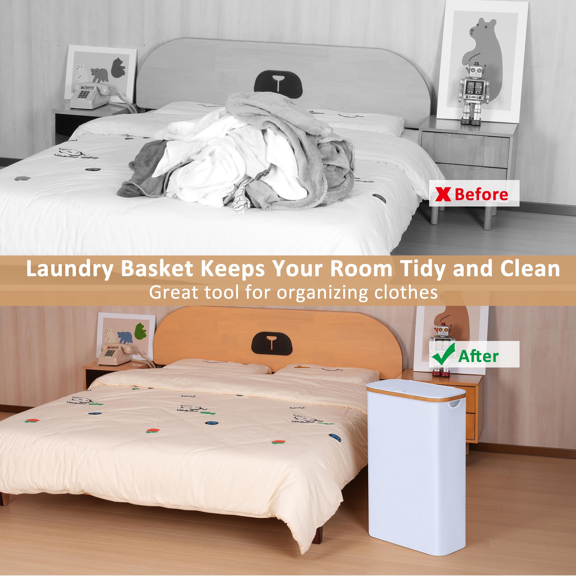 Iegrow 60L Slim Laundry Hamper, Narrow Laundry Basket With Lid,Foldable Clothes Hamper With Bamboo Handles,Hamper Basket With Re