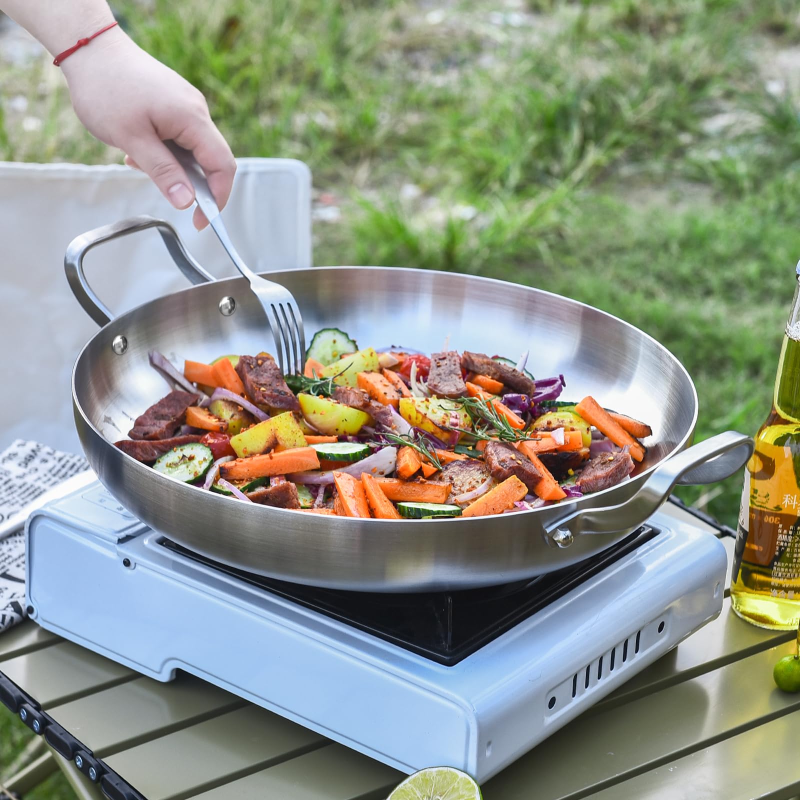 Inqibee 14-Inch Tri-Ply Stainless Steel Paella Pan, Large Skillet,Griddle Pan,Large Frying Pan,Jumbo Cooker,Induction Cookware,D