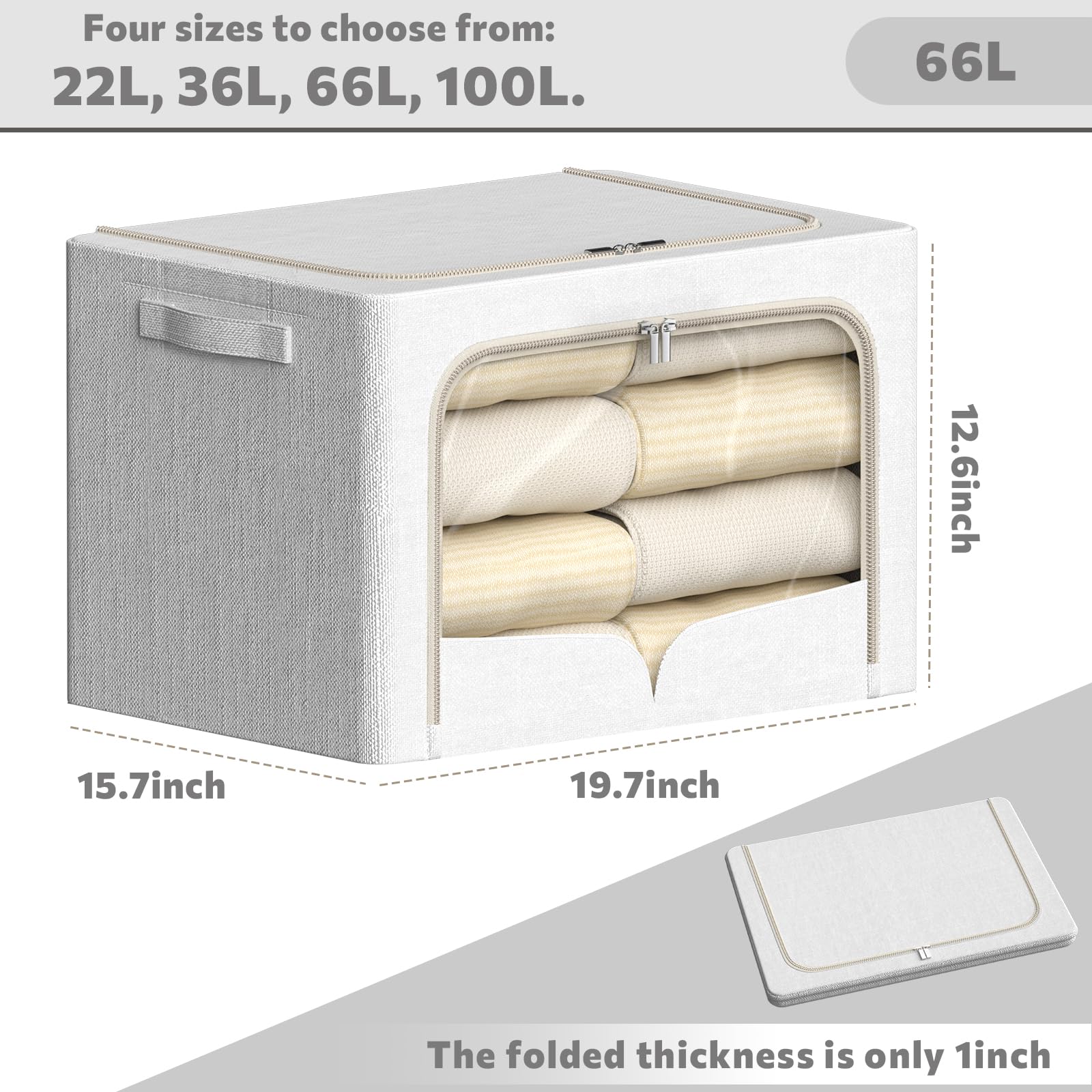 3 Pack Clothes Storage Bins - Foldable Metal Frame Storage Box - Stackable Linen Fabric Container Organizer Set with Carrying Ha