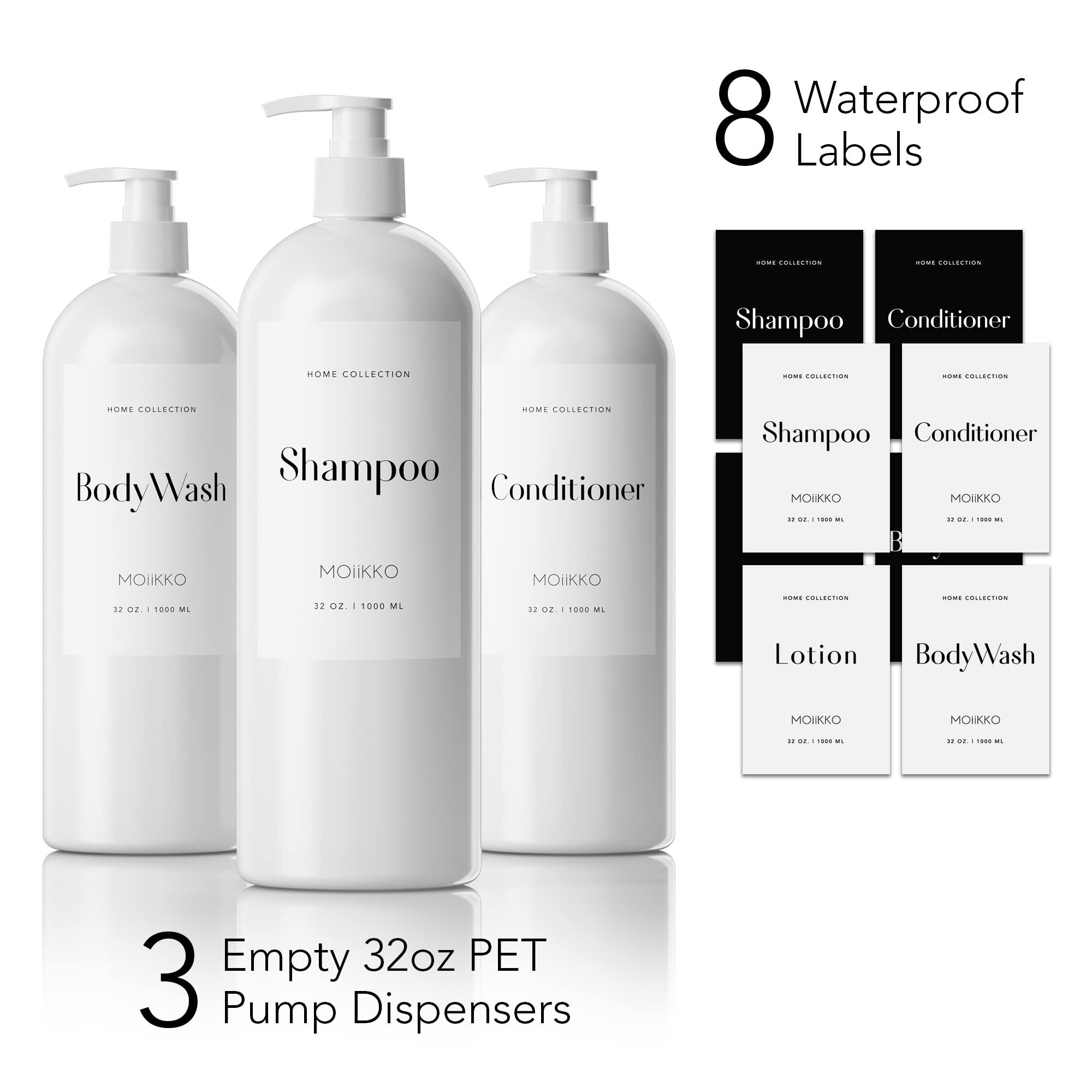 MOIIKKO 32oz Refillable Shampoo and Conditioner Dispenser Bottles - Set of 3 Empty Shampoo Conditioner Body Wash Dispenser with 8 Waterproof Labels