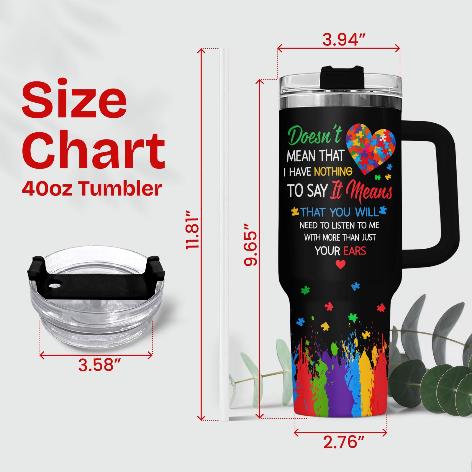 34HD Elephant Autism Tumbler with Handle and Straw, Autistic Mom Coffee Cup 40oz, Inspirational Autism Awareness Gifts for Women