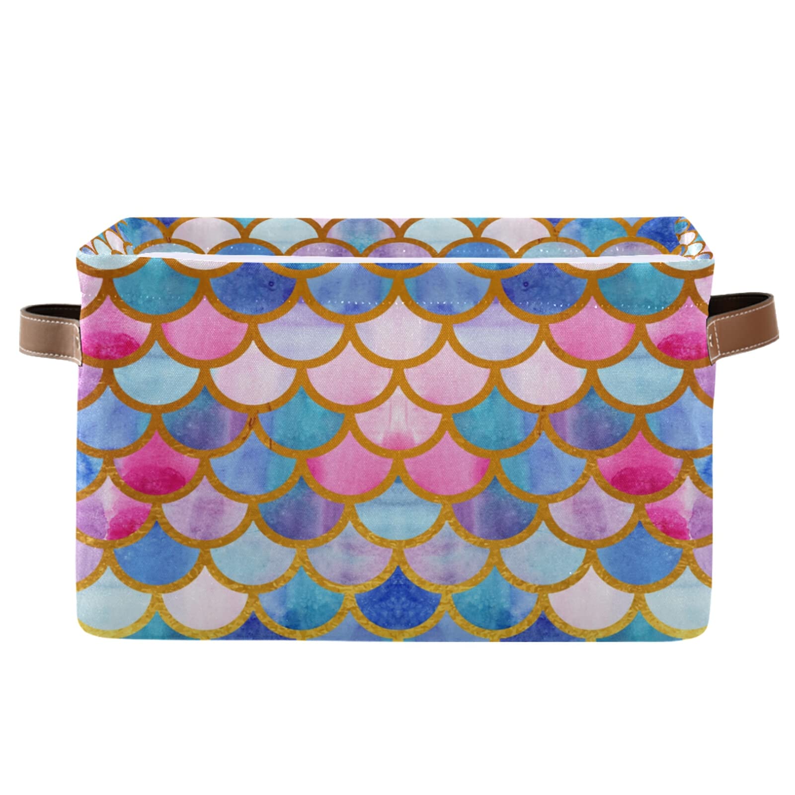 Rectangular Storage Basket Storage Bin - Mermaid Fish Scales Colorful Collapsible Storage Box With Leather Handles Shelves Baske