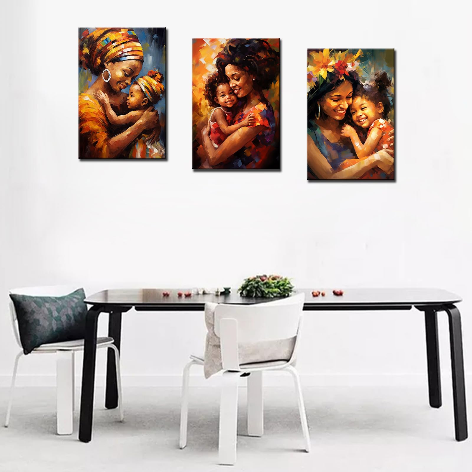 Tucocoo Art Work For Home Walls Black Women Pictures Happy African Mother Paintings 3 Panel Canvas Smiling Baby Girl Art Modern