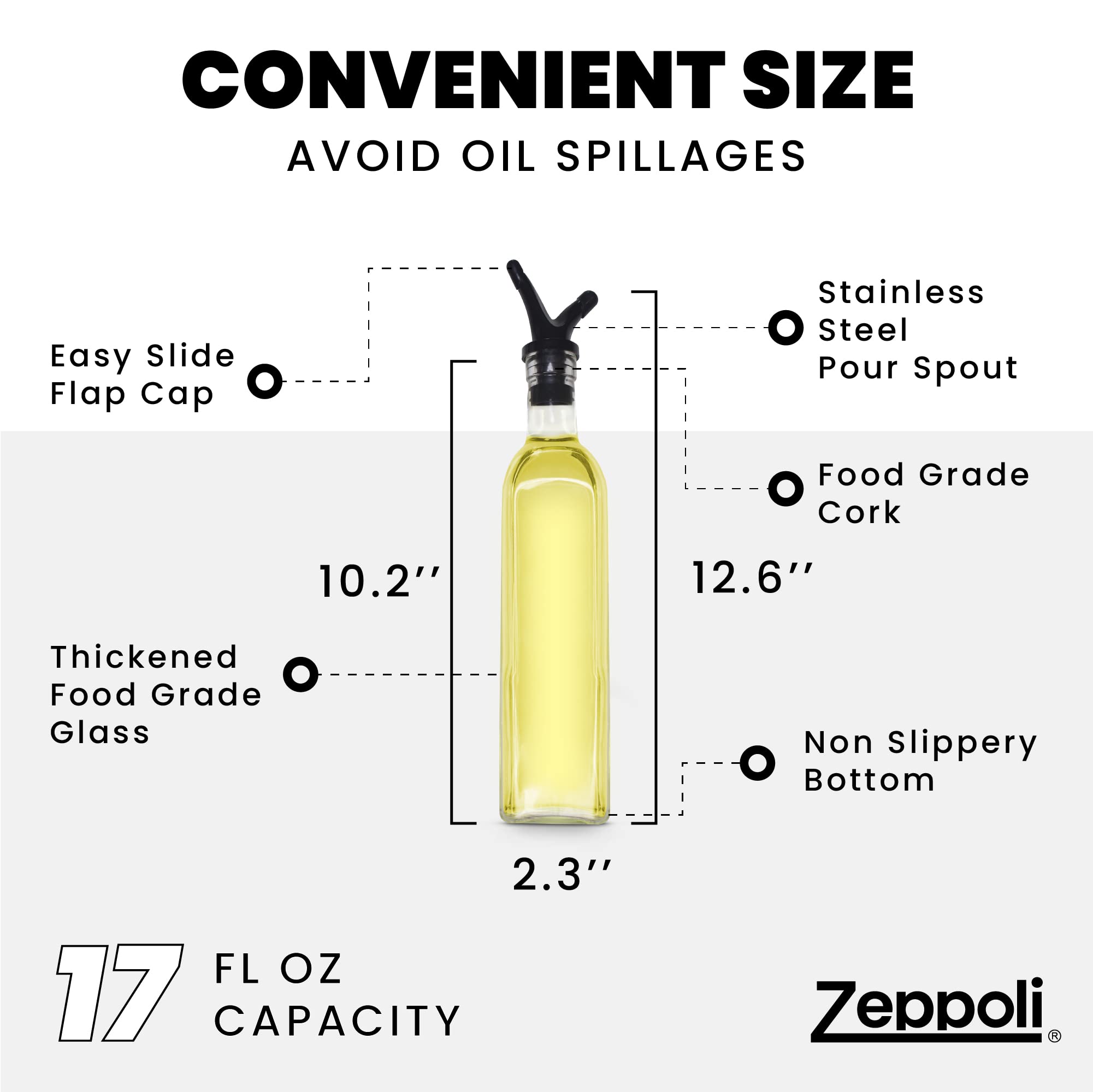 Zeppoli Oil and Vinegar Bottle Set 17oz - Comes with Stainless Steel Rack  Removable Cork  Funnel  and Spout Caps - Dual Cork Spout - Glass Olive Oil Dispenser Set