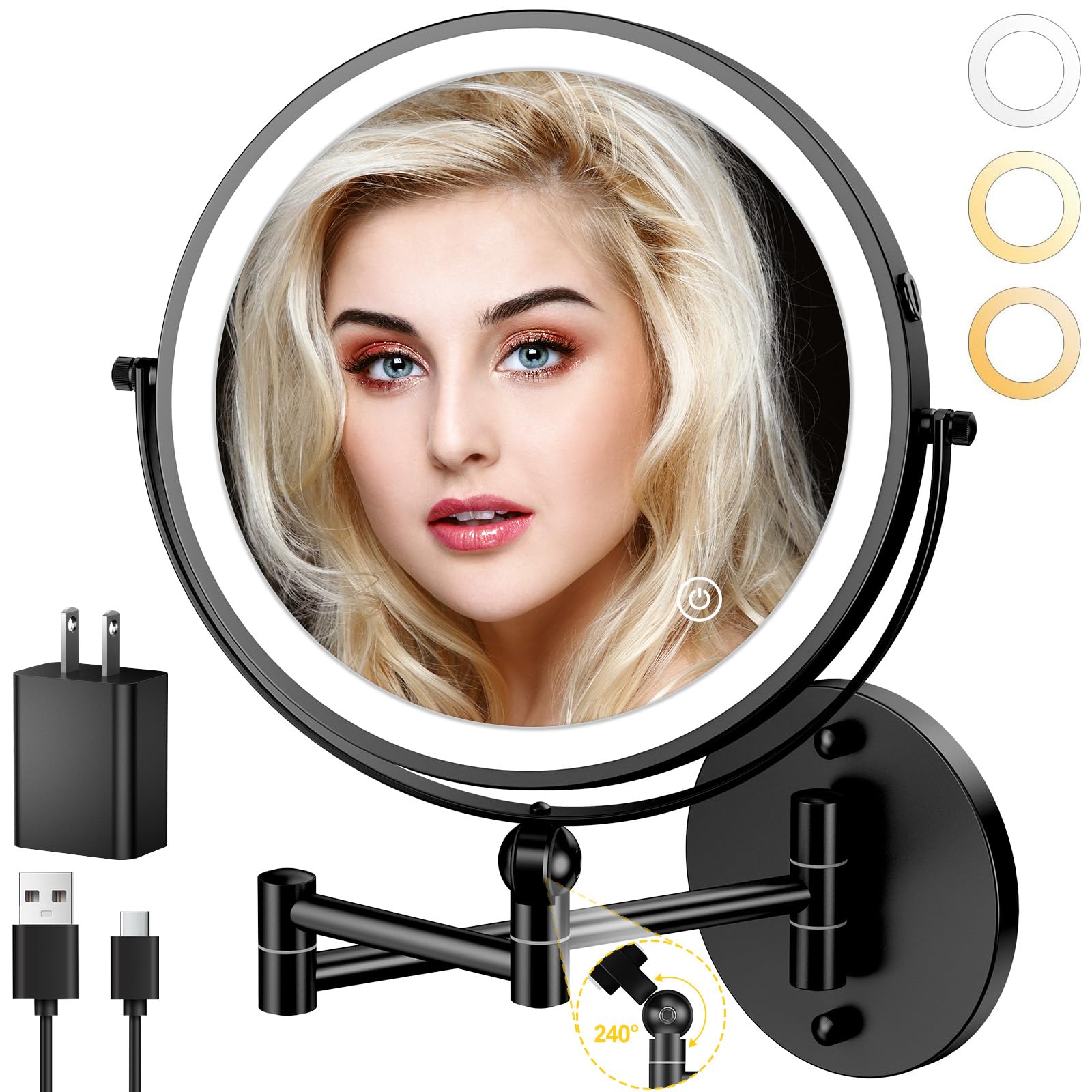 9'' Wall Mounted Lighted Makeup Mirror,4000Mah Rechargeable Double Sided 1X/10X Magnifying Mirror With Light,Touch Dimmable,Exte