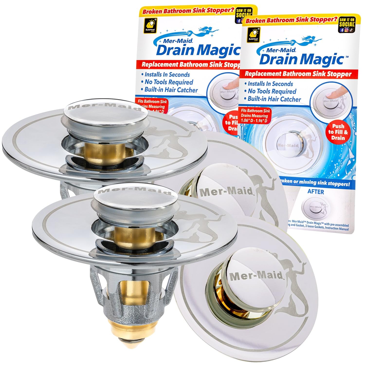 Mer-Maid Drain Magic Universal Sink Stopper, As-Seen-On-Tv, Replace Broken Or Missing Stoppers, Push To Fill & Drain, Catches Ha