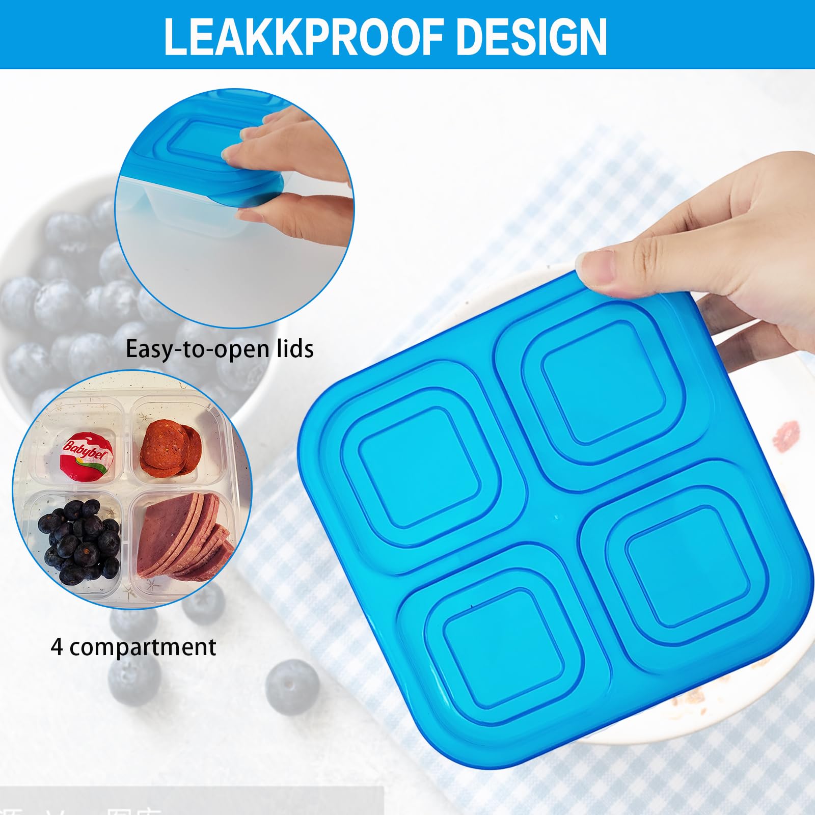 10 Pcs Snack Bento Boxes,4-Compartment Lunch Containers,Reusable Food Container With Lid For Travel,School,Work,Kids Adults
