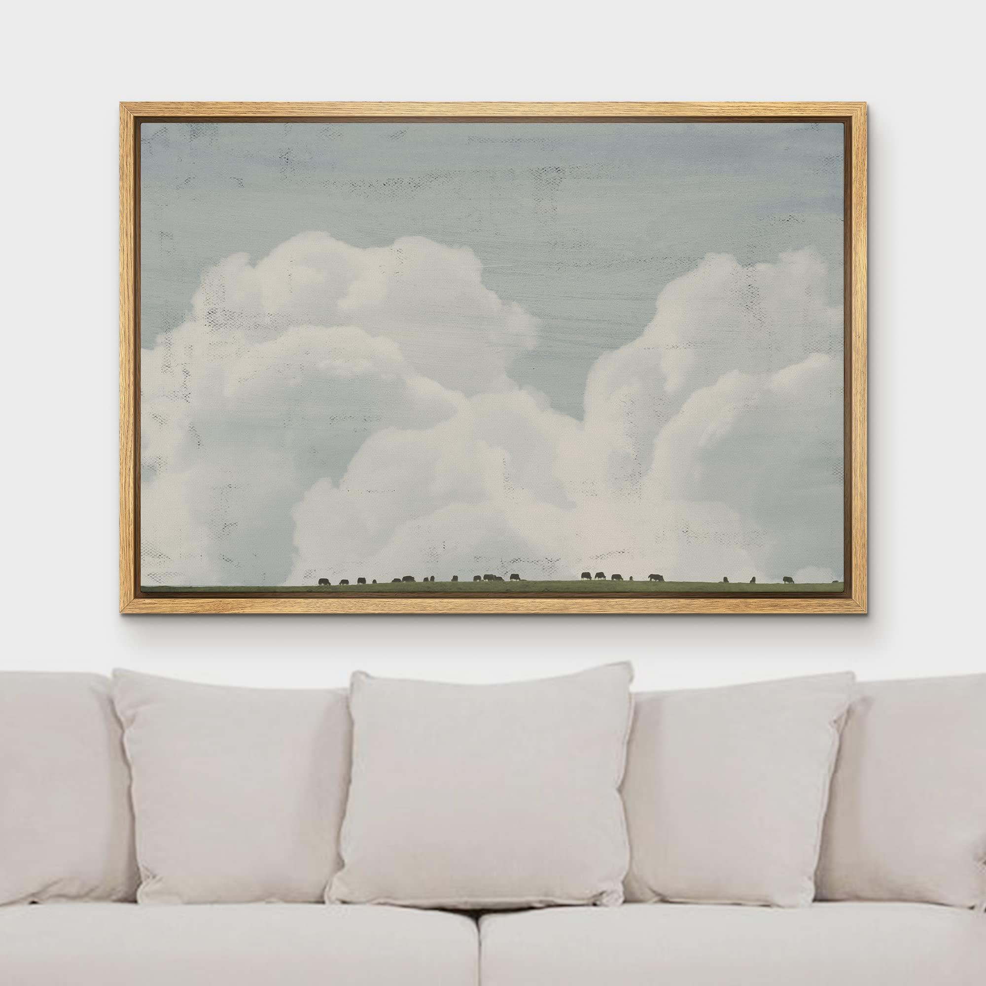 Mudecor Framed Canvas Print Wall Art White Clouds Over Grazing Cows Nature Wilderness Illustrations Modern Art Farmhouse/Country