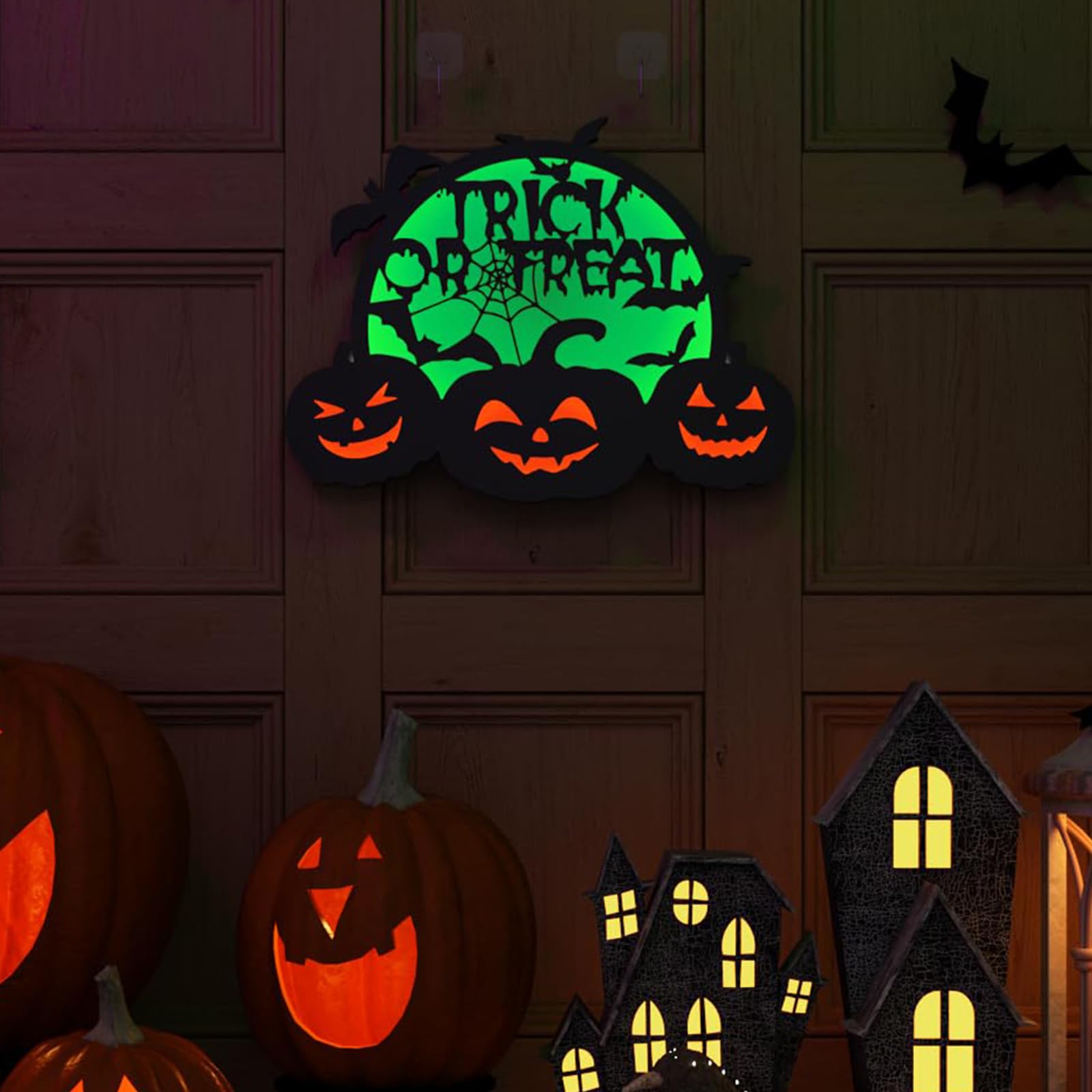 Halloween Pumpkin Lights, LED Connected Jack O Lantern With Light Up Green Moon, Bat Spider Web & Trick or Treat Wording, USB &