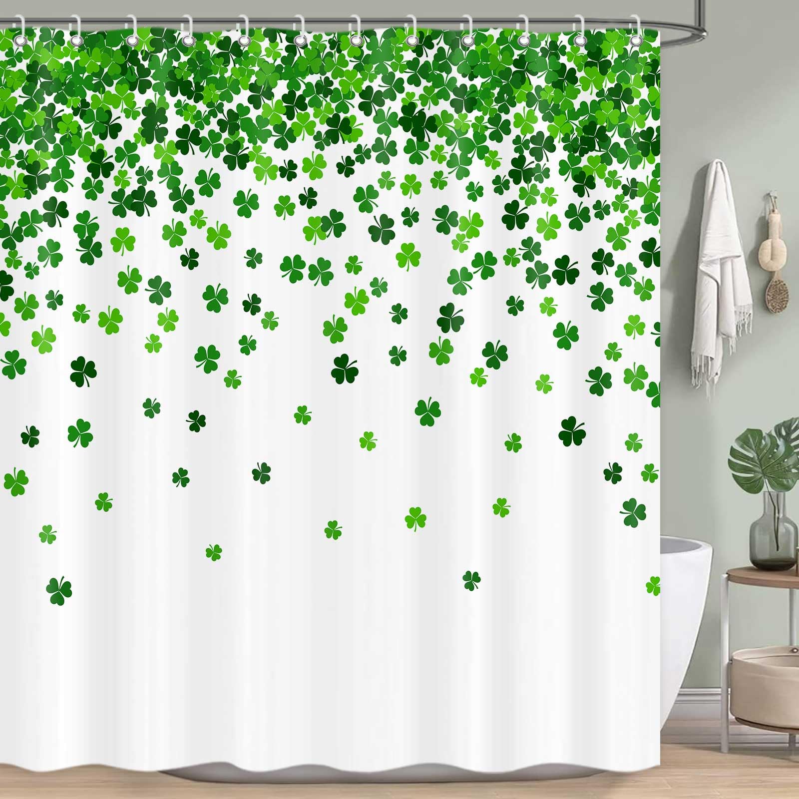 Icteisom St. Patrick'S Day Shower Curtain, Green Clover Shamrock Leaf Decor Fabric Shower Curtains, Irish Green White Bathroom S