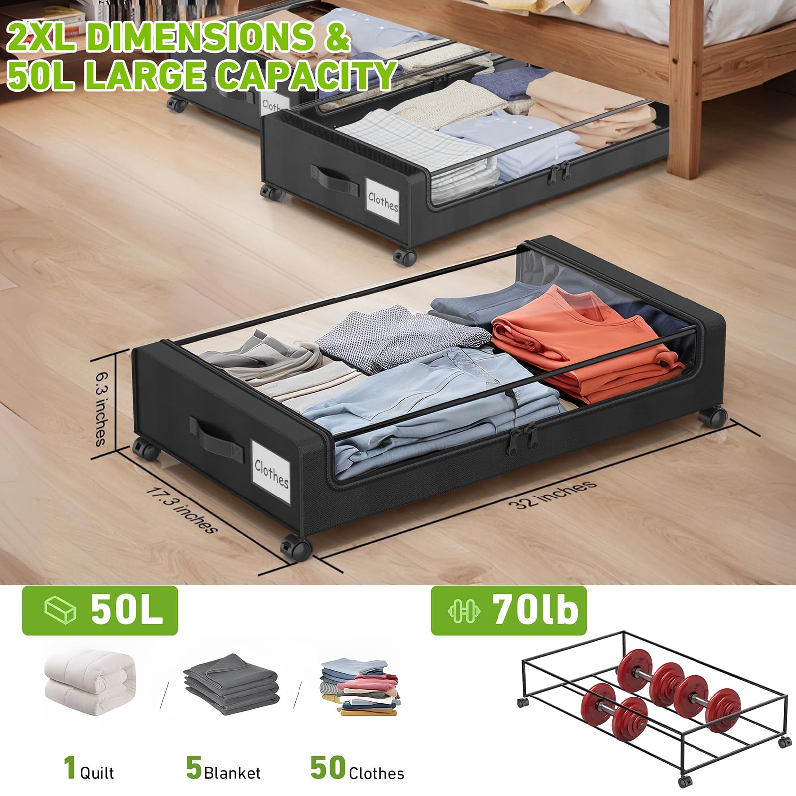 Beborxue Under Bed Storage with Wheels, 2-Pack Under Bed Storage Containers with Clear Lids, XXL 60L Under the bed storage Organ