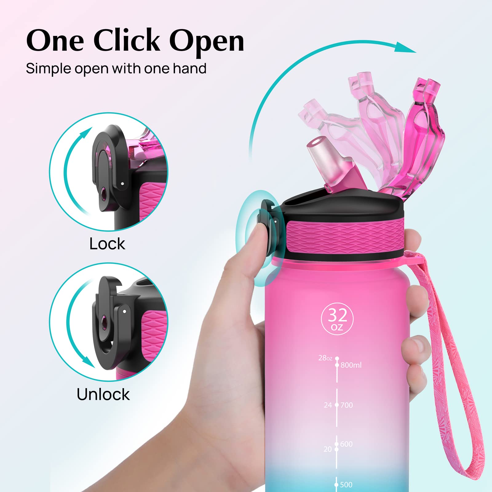 Eyq 32 Oz Water Bottle With Times Marker, Carry Strap, Leak-Proof Tritan Bpa-Free, Ensure You Drink Enough Water For Fitness, Gy