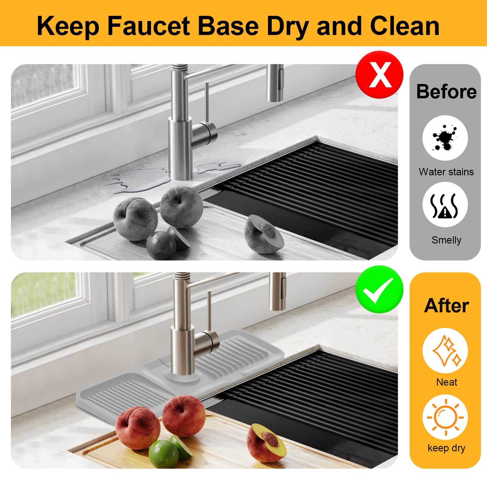 Doeklpo 17.7 Inch Silicone Faucet Mat For Kitchen Sink, 5Slope Fast Draining Kitchen Sink Splash Guard Behind Faucet, Tidy Splas