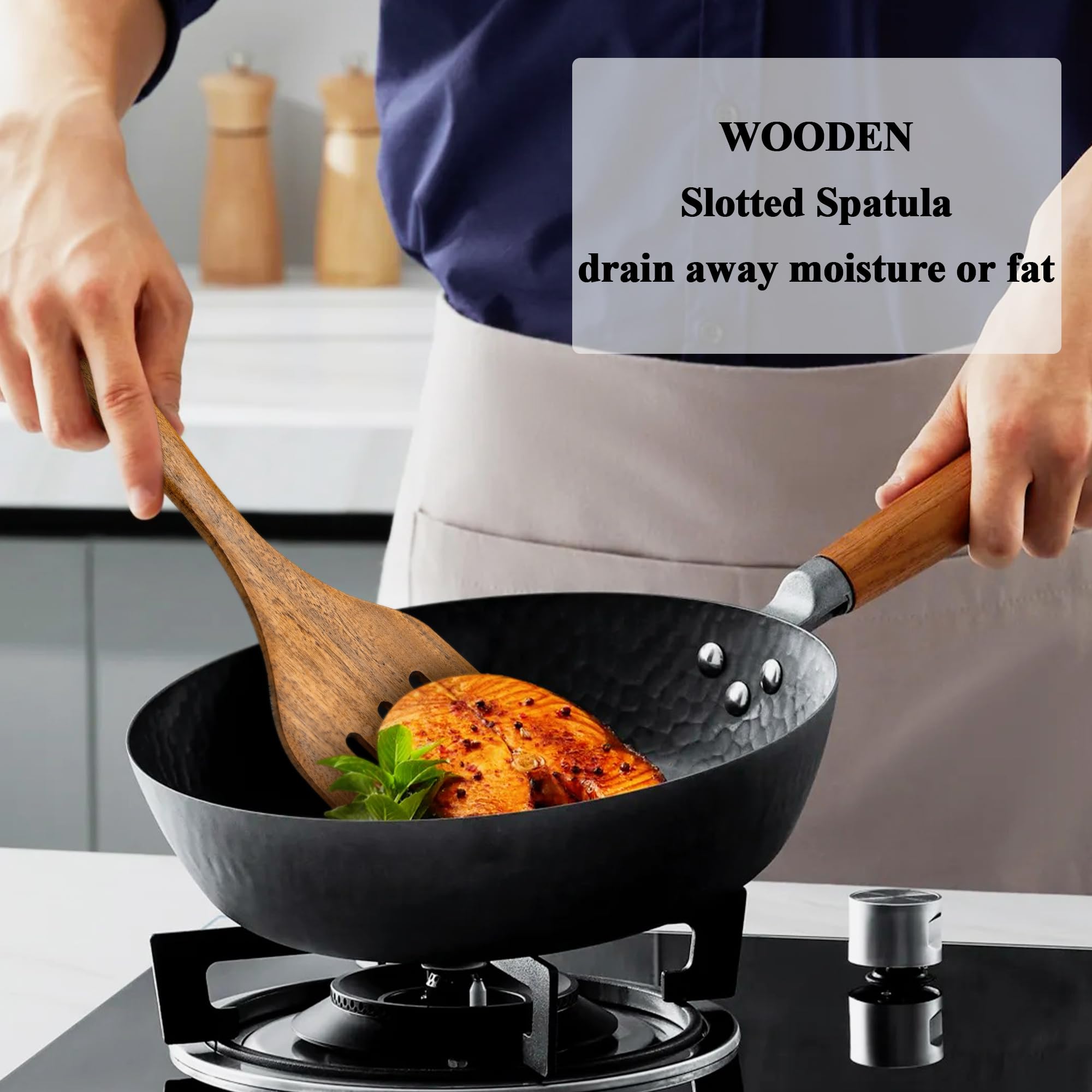 Wooden Spatula Nonstick Turner Acacia Wood, 12 Long Handle Flat Frying Spatulas Handmade for Kitchen Gifts, Ideal Cookware Utens