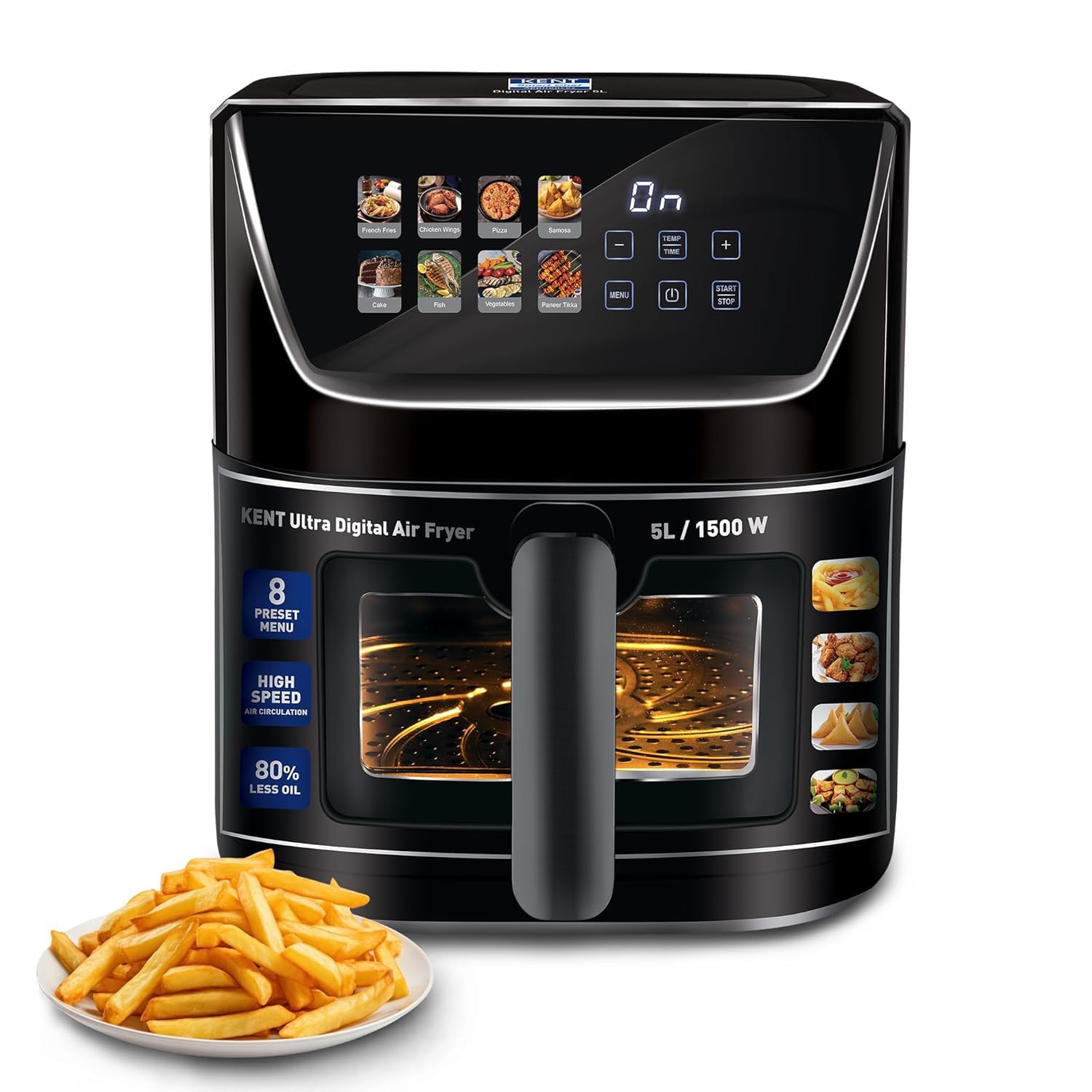 Kent Ultra Digital Air Fryer 5L | 1500W | Bake, Grill & Roast | Up To 80% Less Oil Usage |8 Preset Menu|Rapid Heat Circulation |