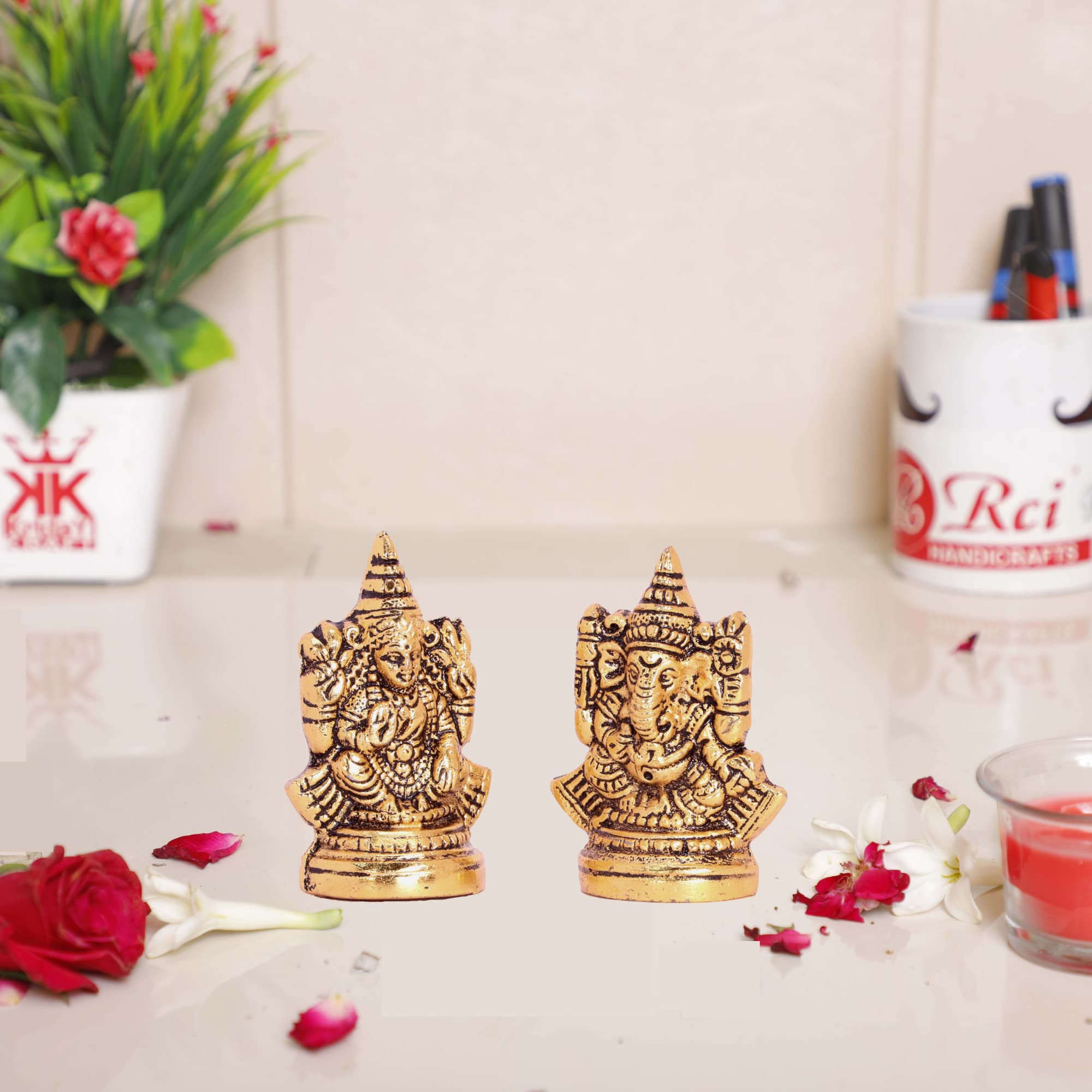 Kridaykraft Metal Laxmi Ganesh Idol Decorative Murti Metal Laxmi Ganesha Statue For Pooja & Decor Your Home, Office, Decorative 