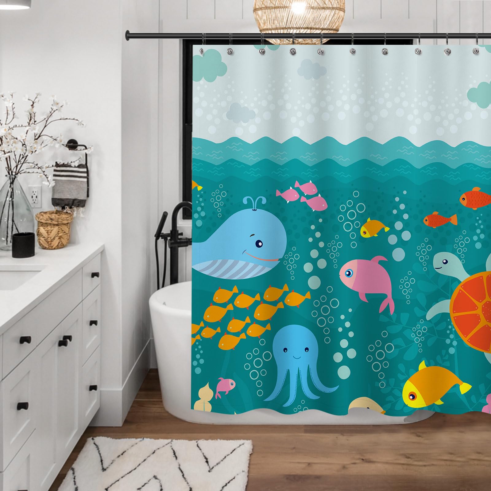 Sunlit Lovely Cartoon Sea Creatures Fabric Shower Curtain For Kids, Whale Turtle And Fish Bathroom Decor Curtain For Girls And B