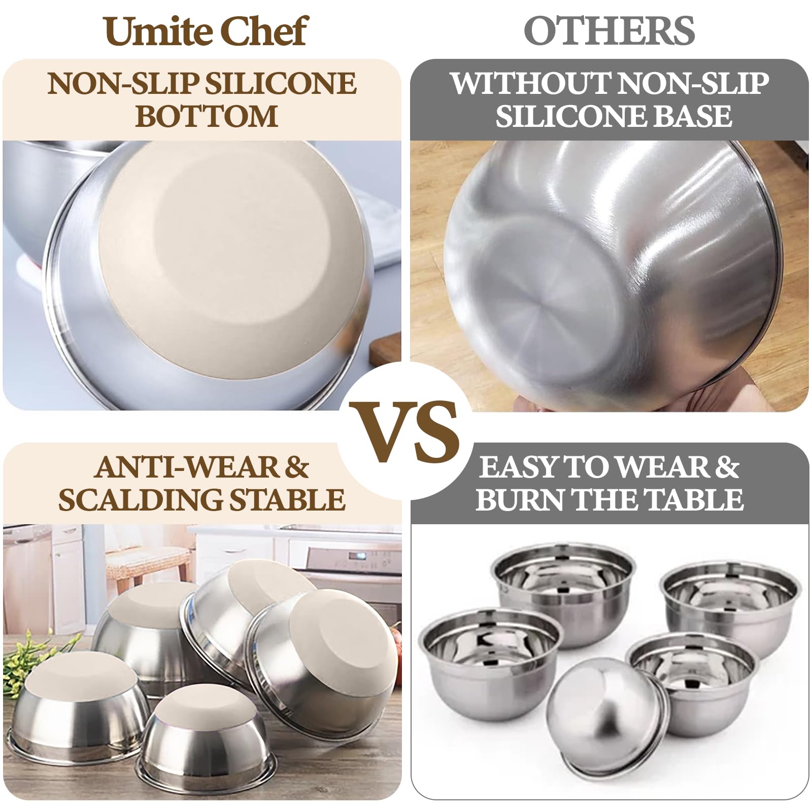 Umite Chef Stainless Steel Mixing Bowls Set - 8PCS Khaki with Airtight Lids, Non-Slip Bottoms, Sizes 5QT to 1.5QT