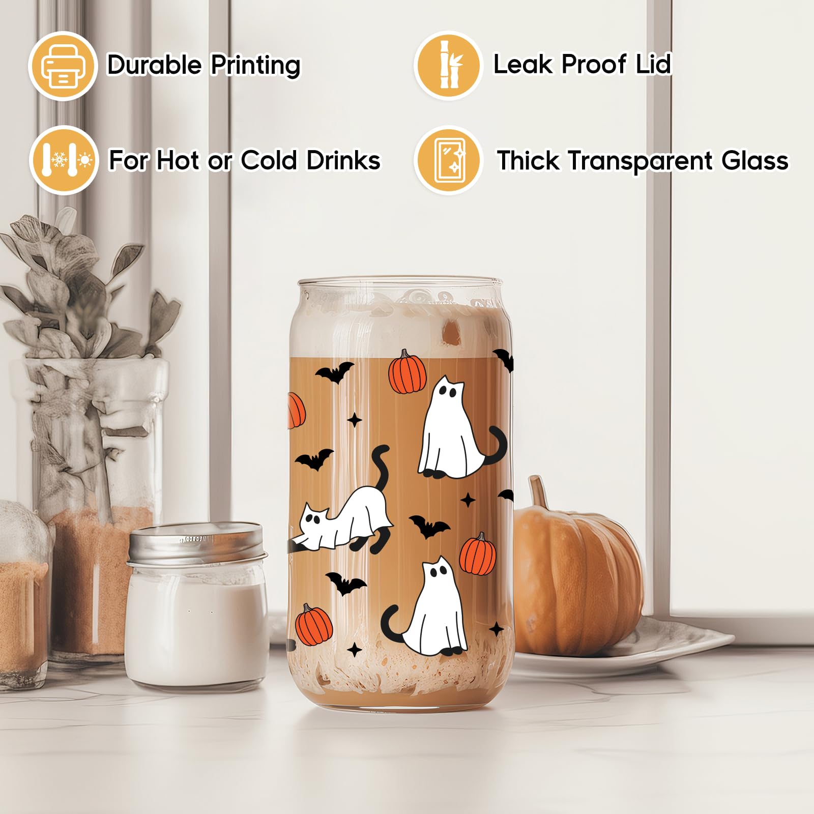 Fairy'S Gift Halloween Ghost Cat Iced Coffee Cup, Halloween Cat Pumpkin Glass Tumbler, 16 Oz Halloween Glass Cup With Lid Straw,