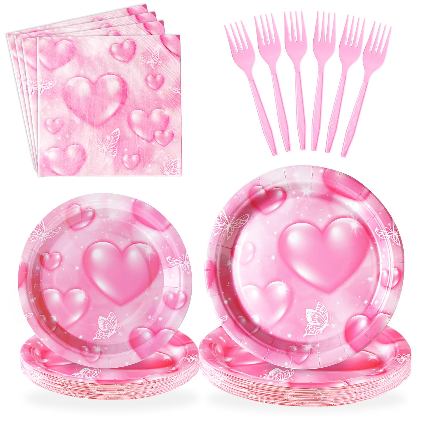 Grencian 96Pcs 2000S Party Decorations Pink Heart Party Plates Y2K 90S Heart Disposable Tableware Set For Birthday Wedding Party