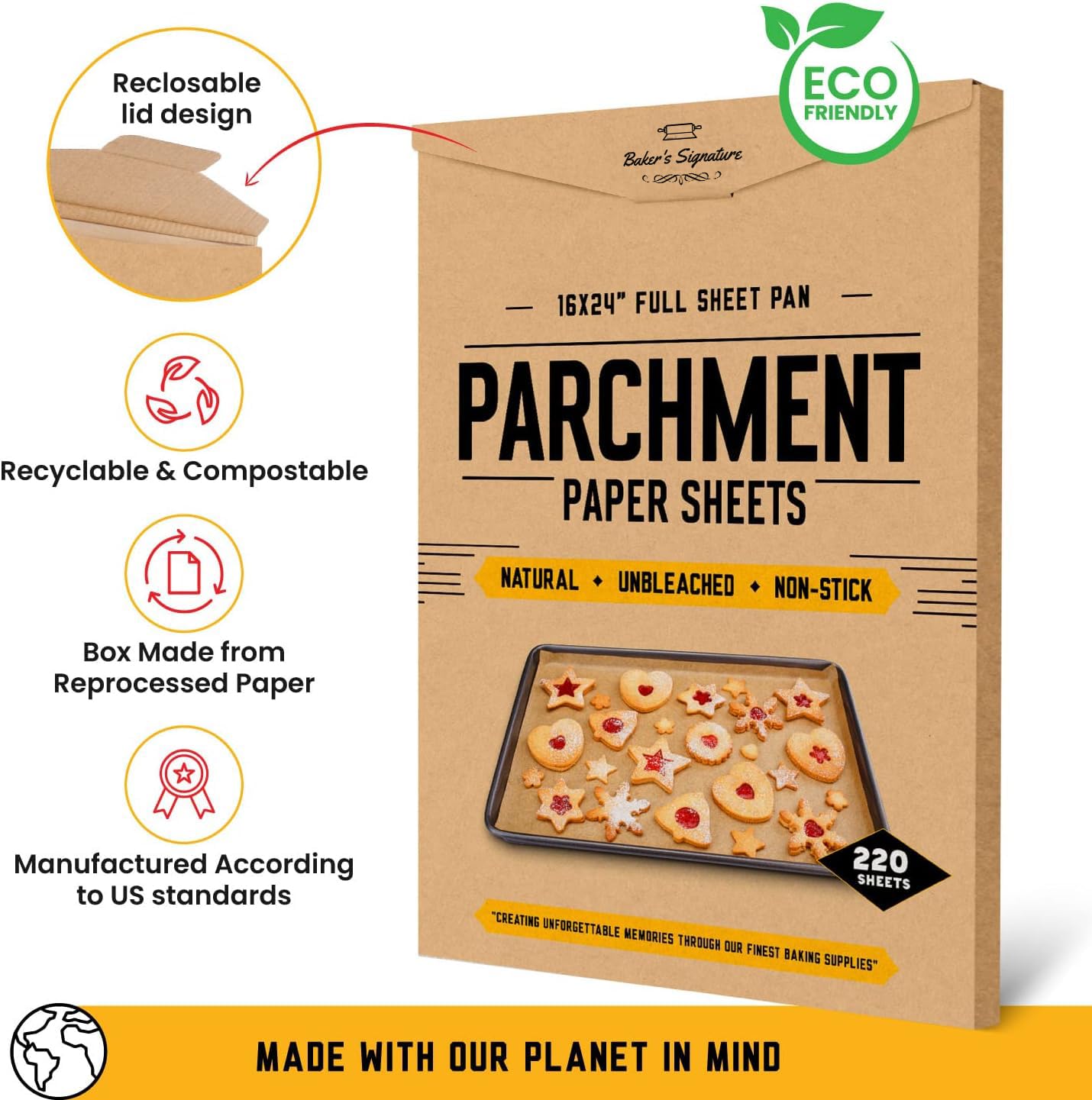 [220 Sheets] Full Sheet Pan 16 X 24 Inch Parchment Paper Baking Sheets By Bakers Signature | Precut Silicone Coated & Unbleached