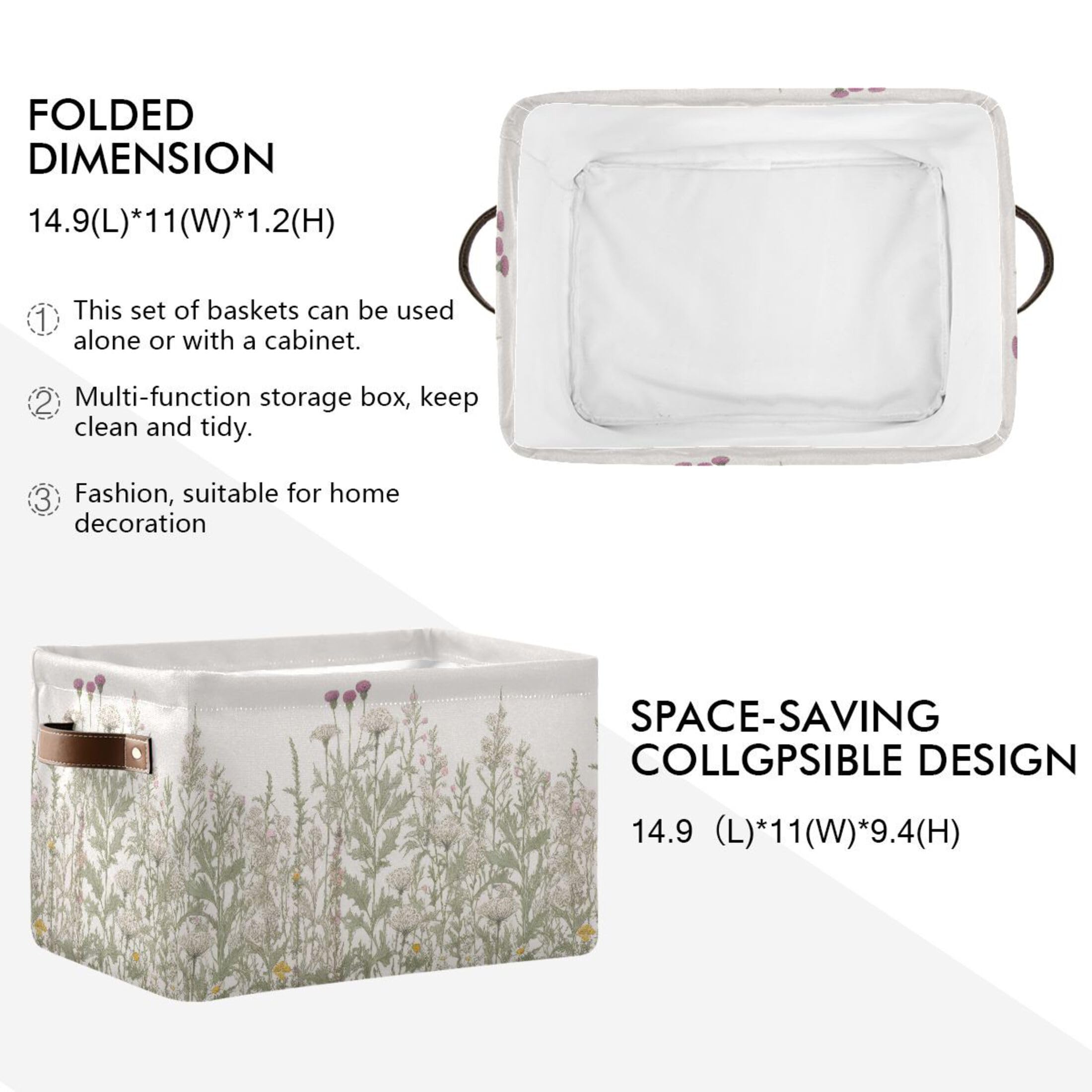 Xigua Vintage Colorful Herbs Wild Flowers Floral Storage Basket Collapsible Toy Storage Bins Waterproof Canvas Storage Basket Wi