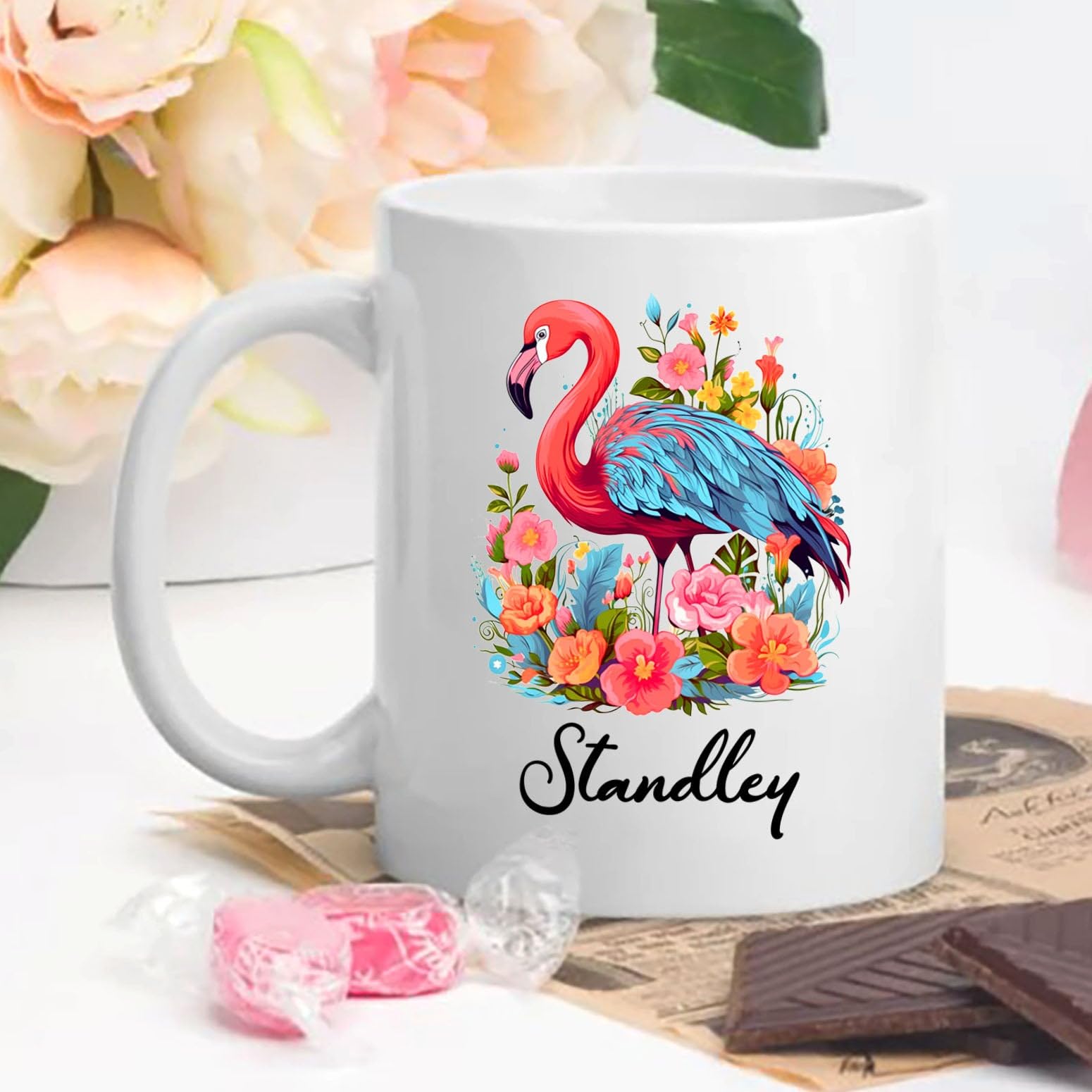 Personalized Name Flamingo White Ceramic Mug Gift For Dad Mom Sister Birthday, Customized Flamingo Lover Coffee Mug Cup 11 Oz 15