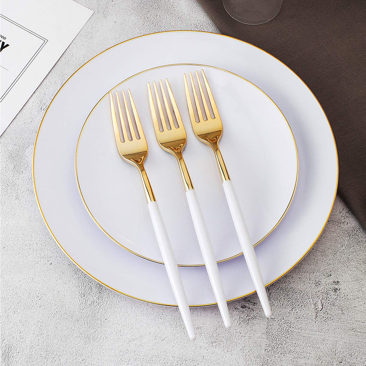 I00000 144 Gold Plastic Forks, Disposable Gold Flatware With White Handle, Look Like Gold Cutlery For Party Wedding