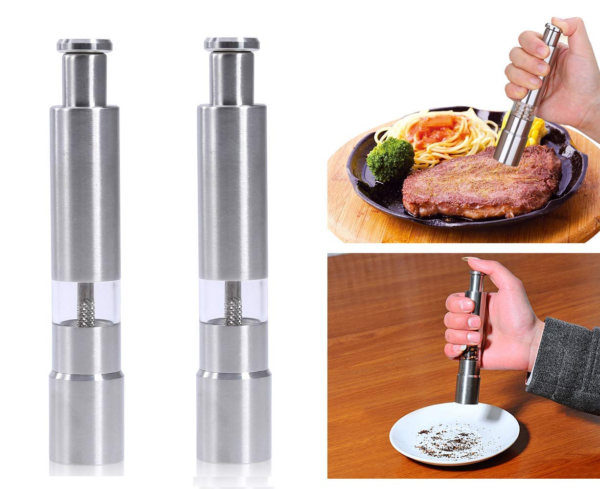 Salt And Pepper Grinder Set Of 2,Stainless Steel Push Button Grinder Modern Design Thumb Grinder, For Black Pepper, Sea Salt And