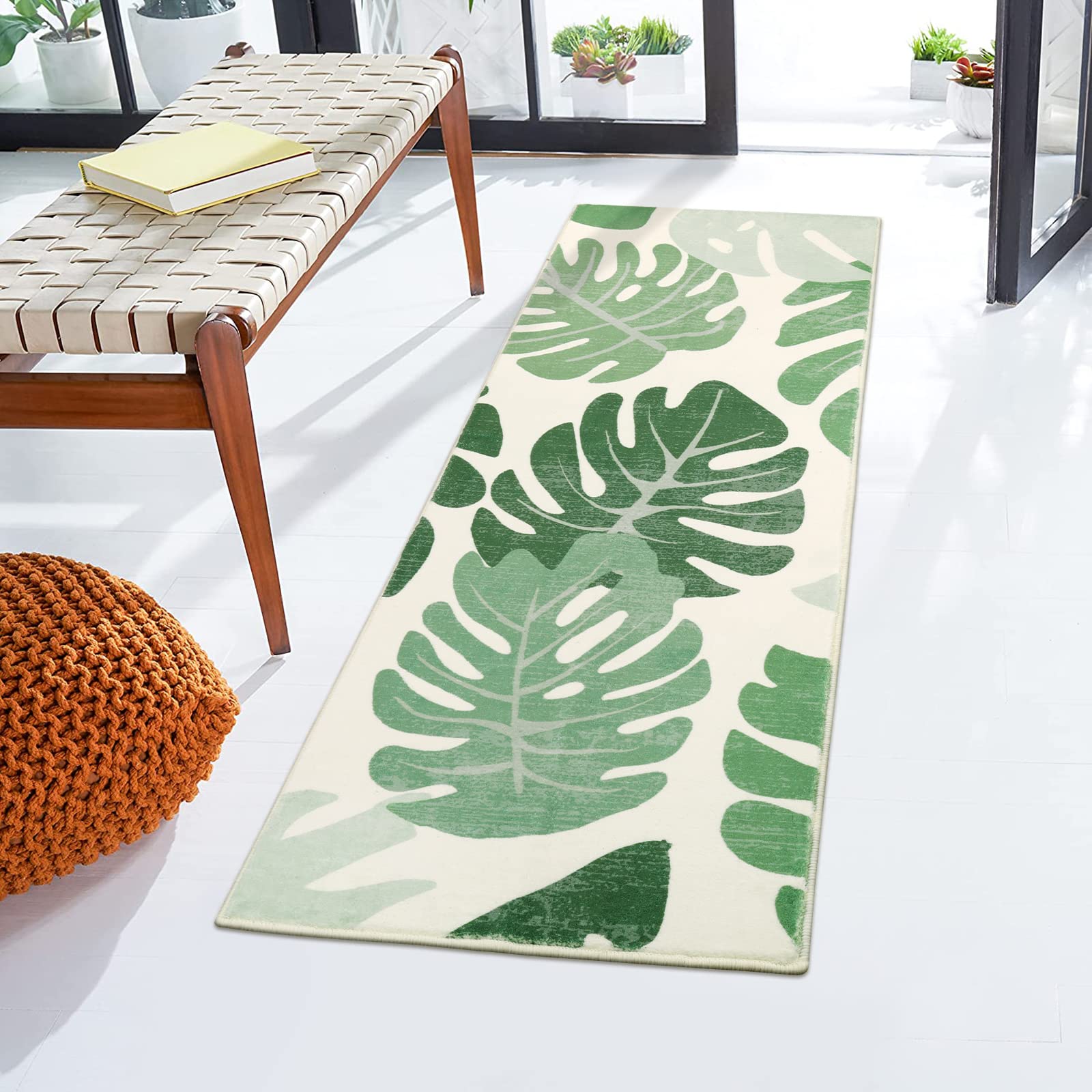 Lukinbox Bathroom Runner Rugs - Green Leaf Non-Slip Washable Bath Mats  Soft Velvet Bath Rug Cute Long Area Rug for Bathroom Kitchen Hallway Bedroom Living Room  20''x59''