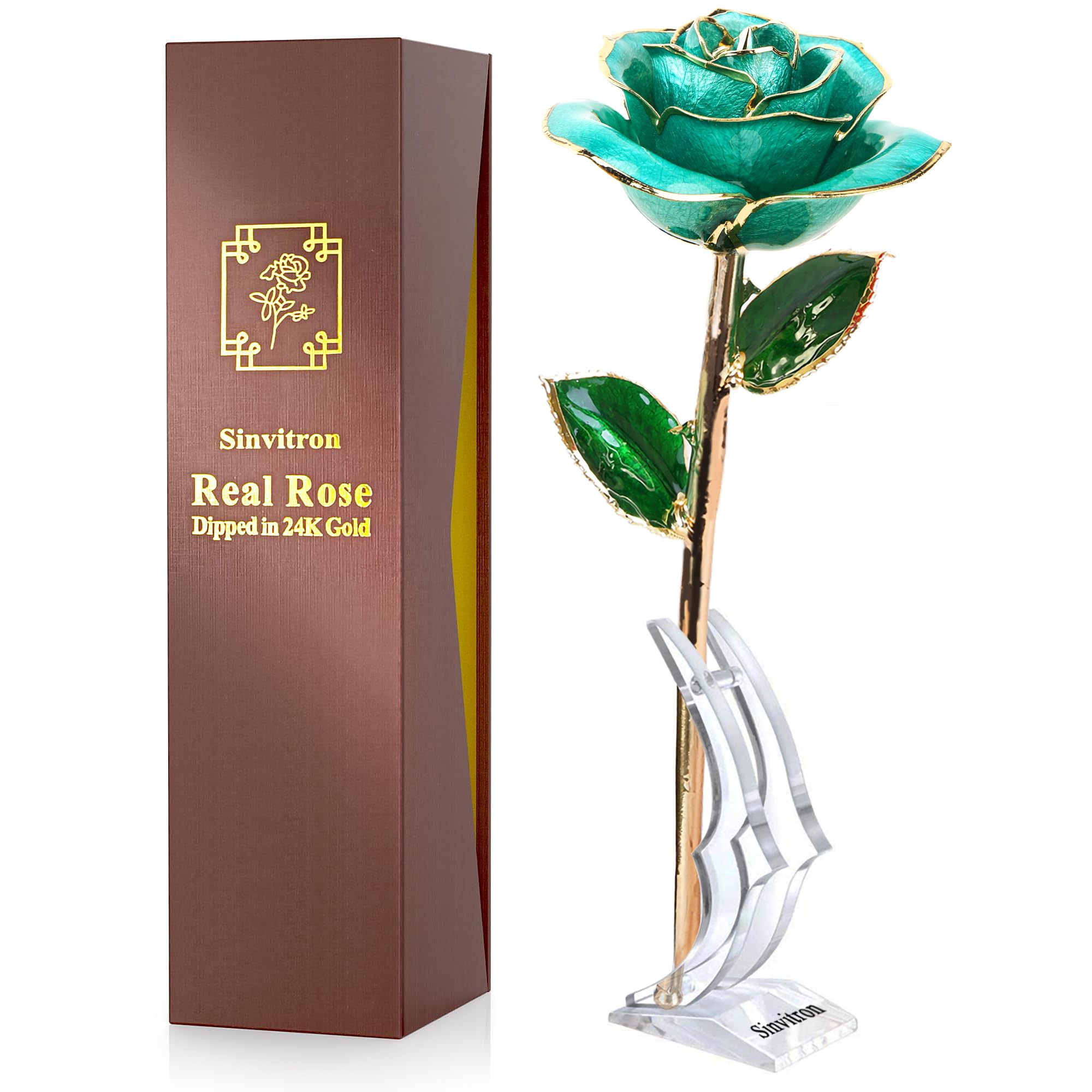 Sinvitron Gold Dipped Rose 24K Real Rose, Long Stem 24k Gold Plated Rose with Stand, Birthday Gift for Women,Gifts for Mom, Dipp