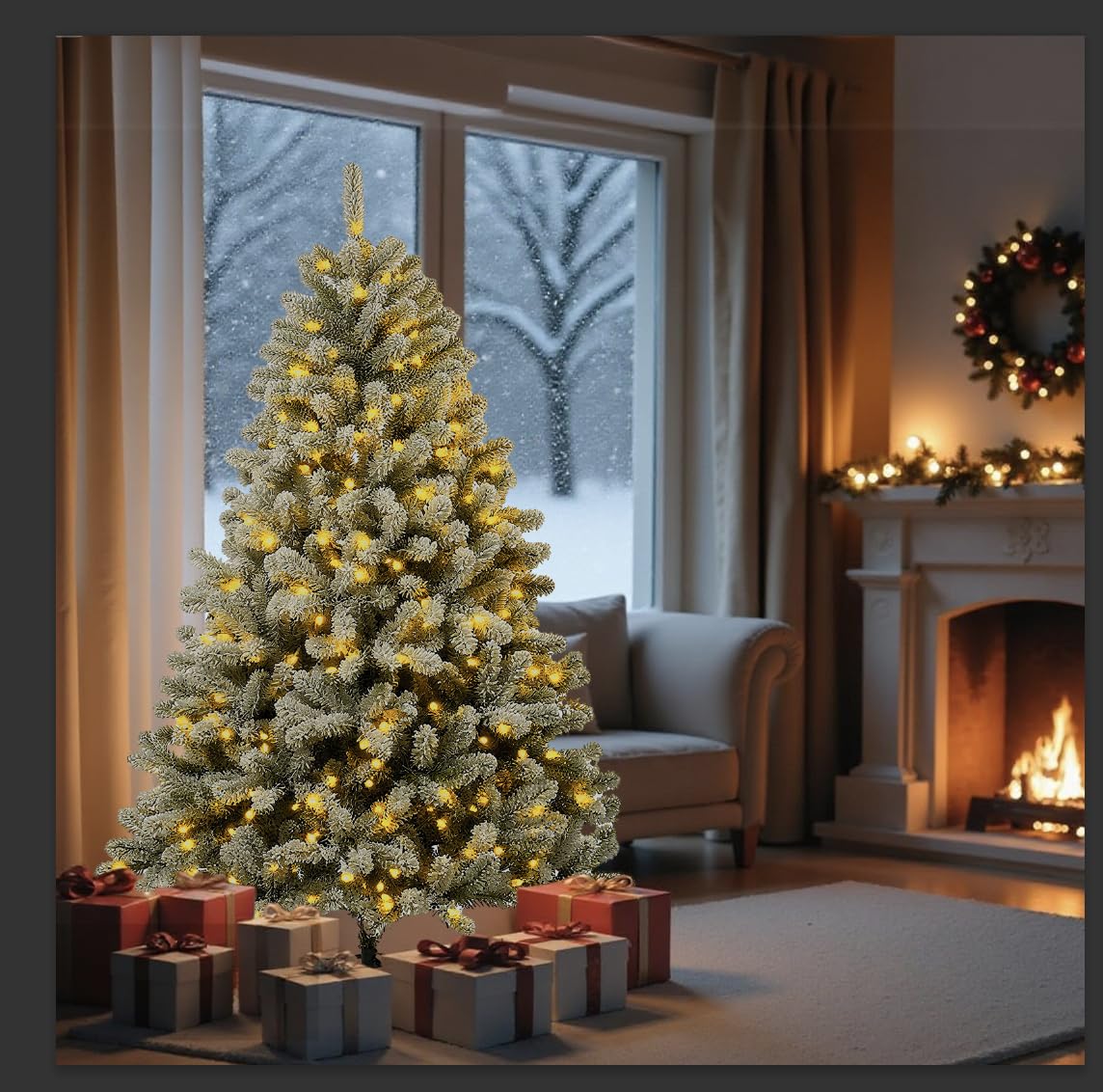 Aovotreena 6ft Pre-Lit Snow Flocked Christmas Tree with 300 White Lights, 840 Full PVC Branch Tips,Mixed Green & White, Hinged Q