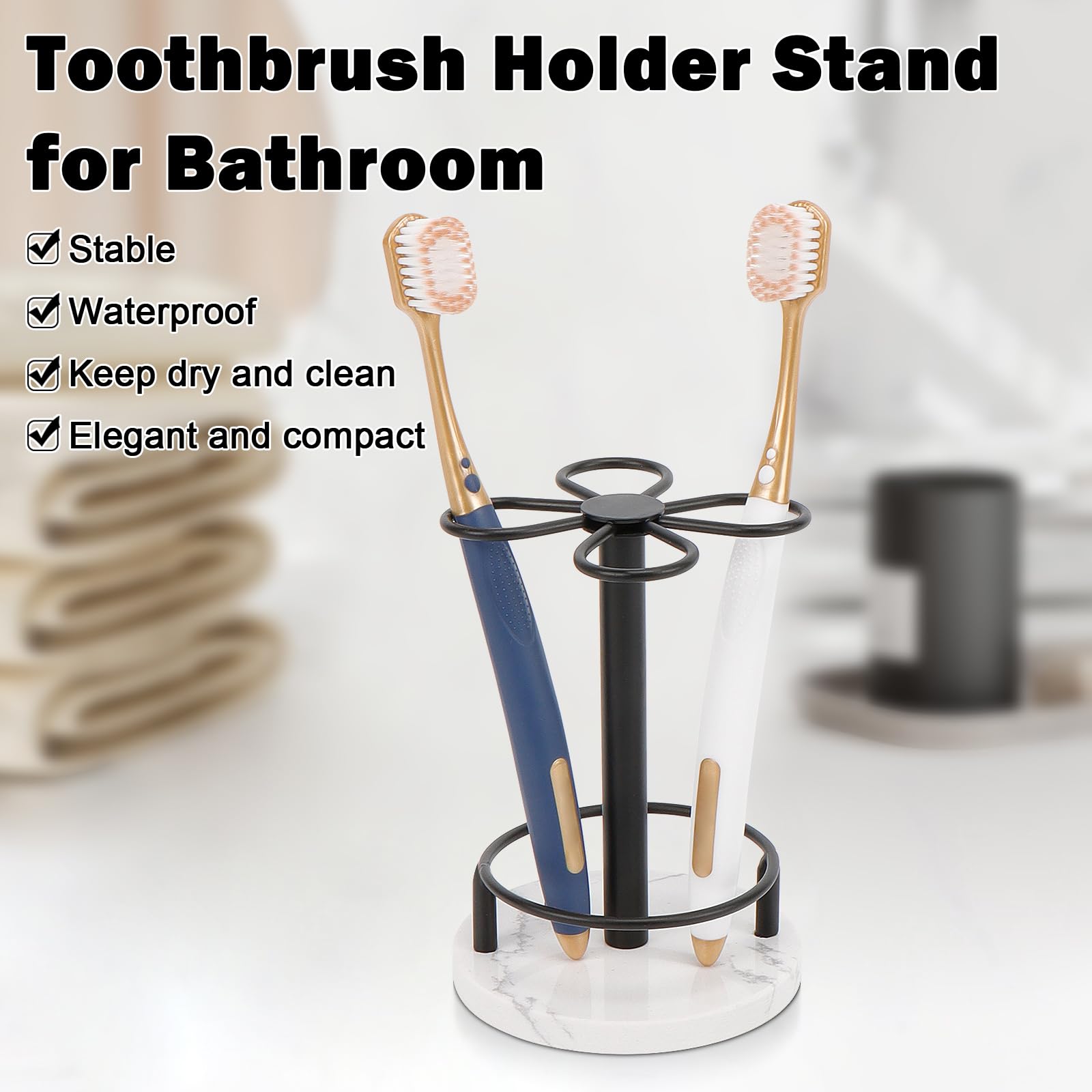 Harjue Toothbrush Holder Stand For Bathroom, Metal Toothbrush Organizer With Marble Base, Toothbrush Storage Collection For Fami